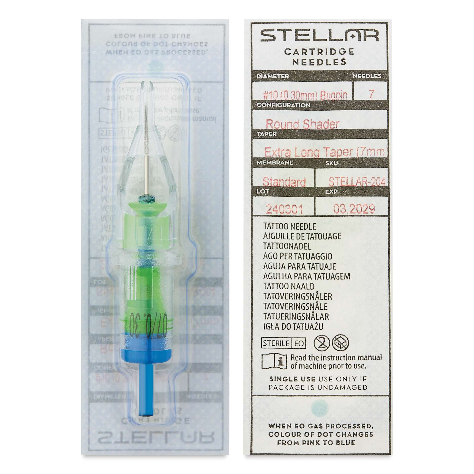 Peak Stellar Round Shader Extra Long Taper Tattoo Needle Cartridges - #10, 7 Needles, Pkg of 20, front and back of packaging