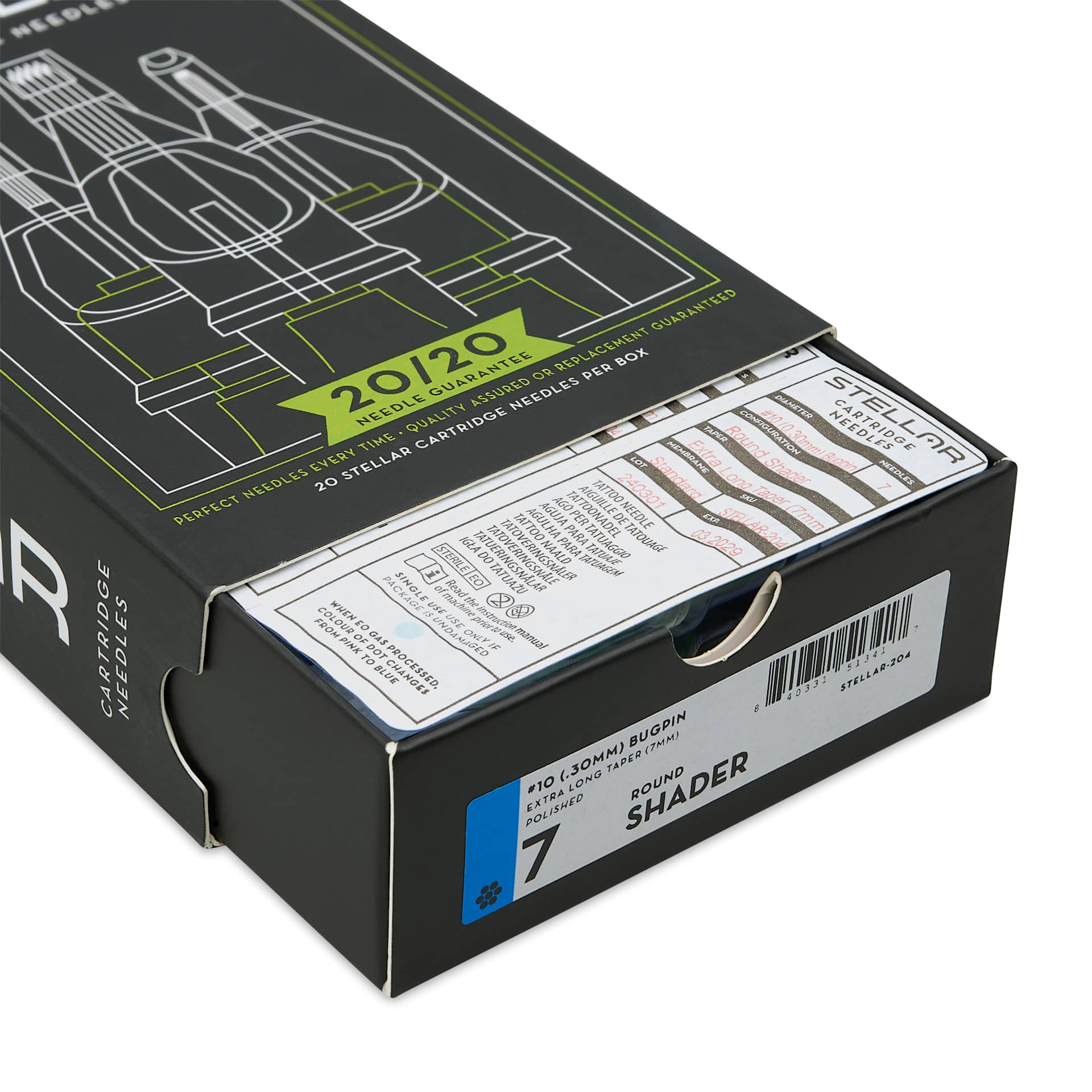 Peak Stellar Round Shader Extra Long Taper Tattoo Needle Cartridges - #10, 7 Needles, Pkg of 20, open packaging