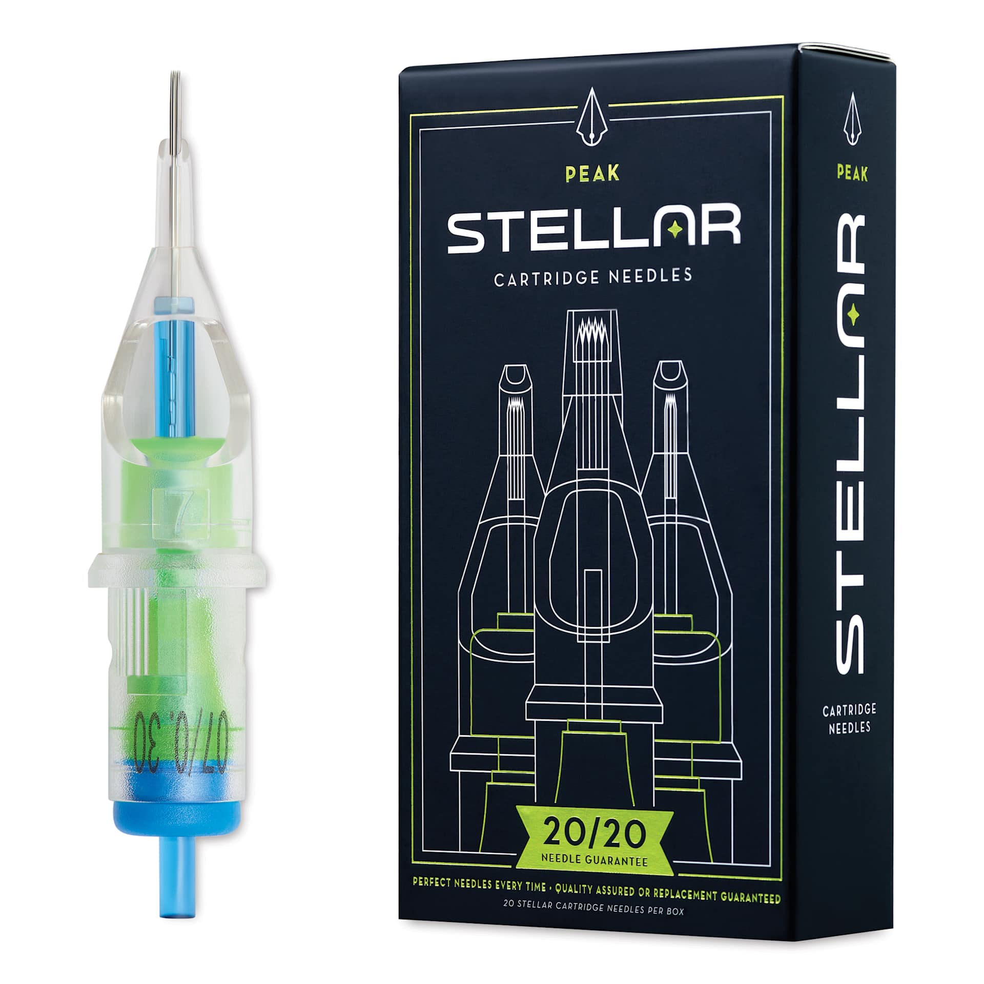 Peak Stellar Round Shader Extra Long Taper Tattoo Needle Cartridges - #10, 7 Needles, Pkg of 20, needle and packaging