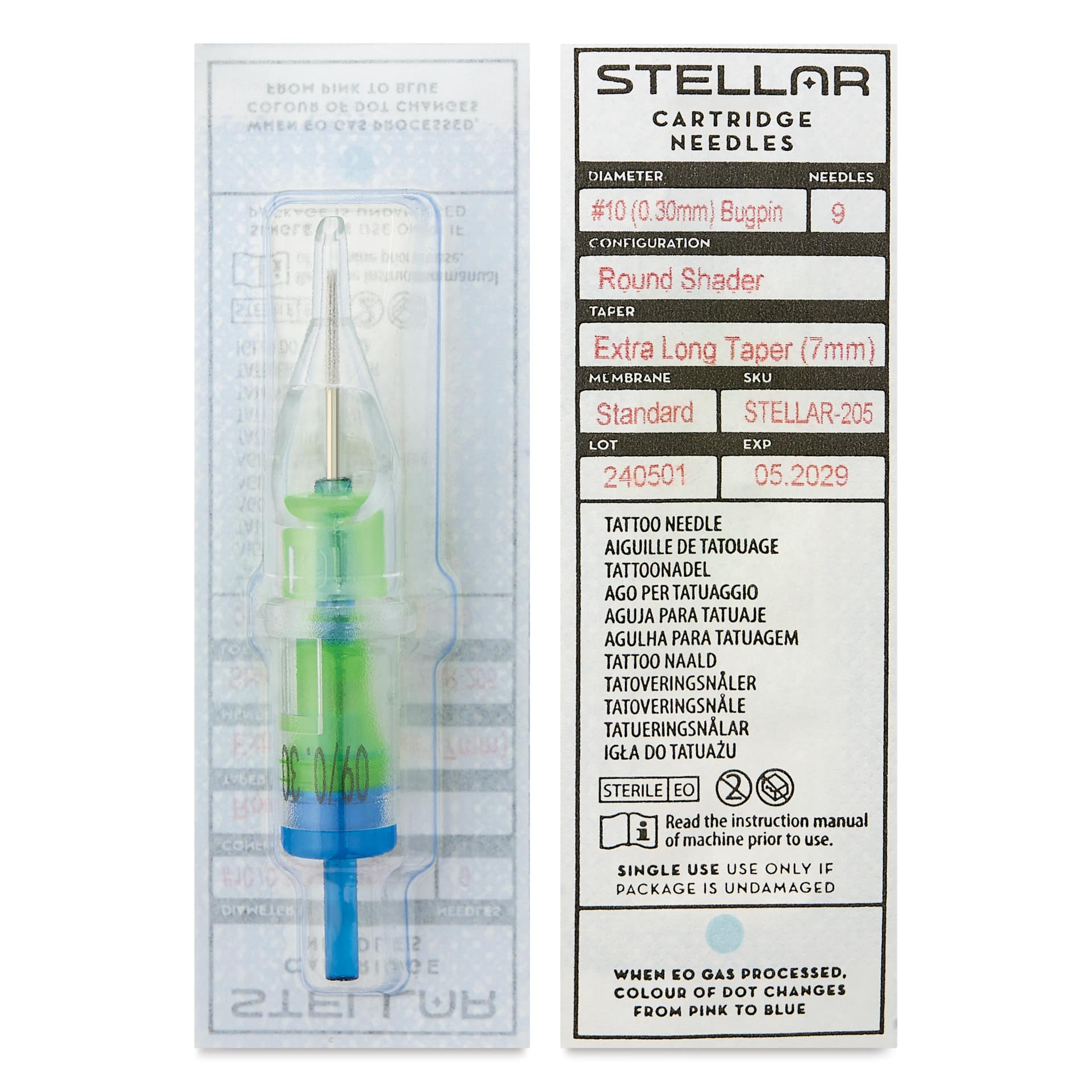Peak Stellar Round Shader Extra Long Taper Tattoo Needle Cartridges - #10, 9 Needles, Pkg of 20, front and back of packaging