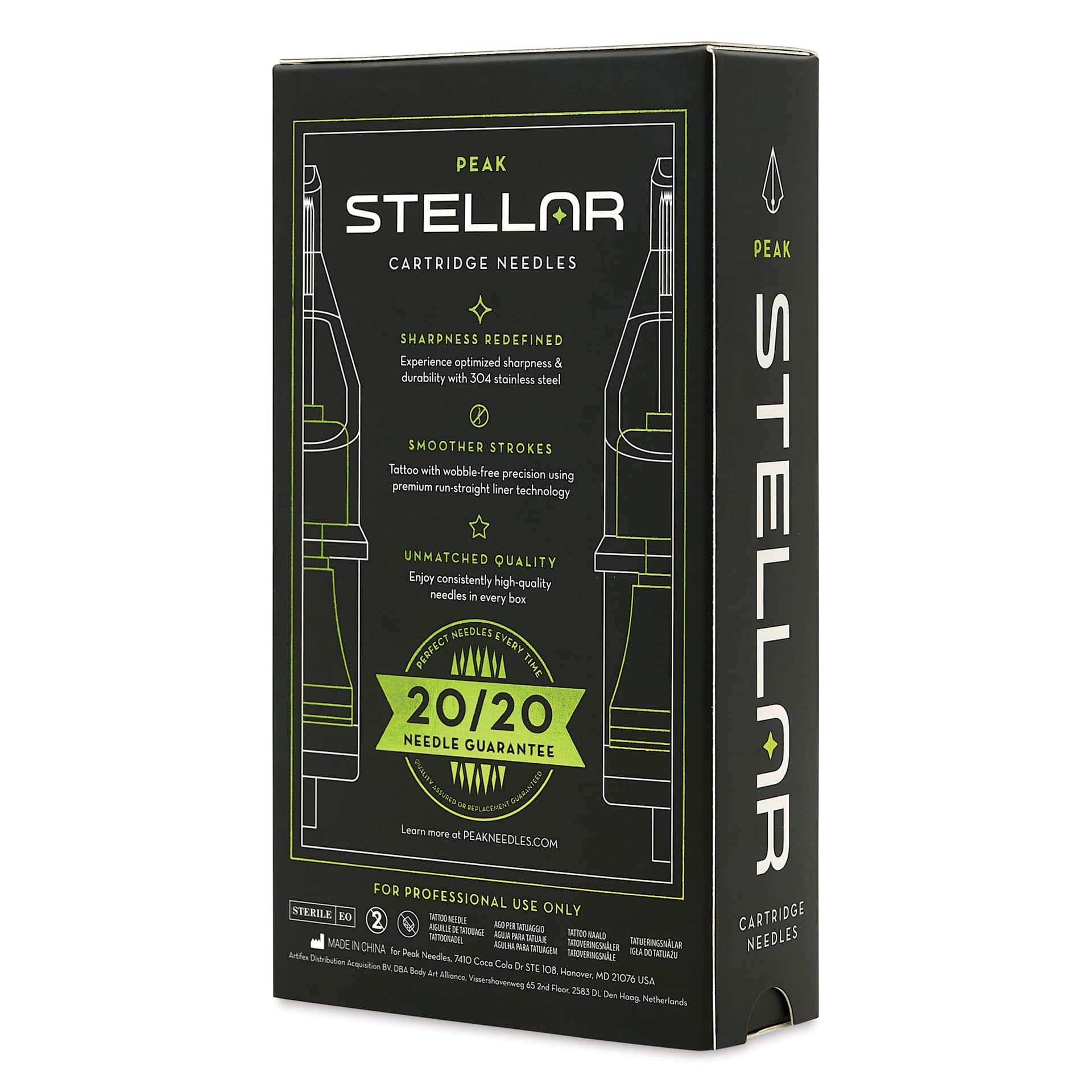 Peak Stellar Round Shader Extra Long Taper Tattoo Needle Cartridges - #10, 9 Needles, Pkg of 20, packaging