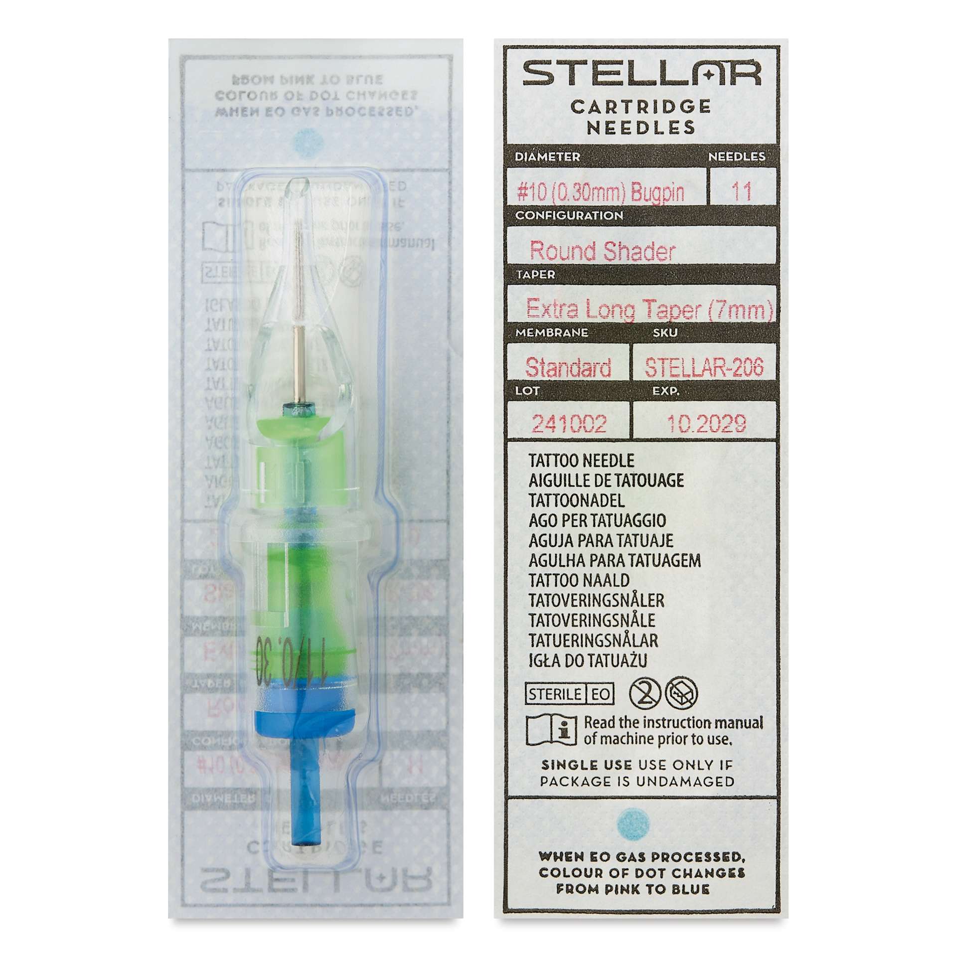 Peak Stellar Round Shader Extra Long Taper Tattoo Needle Cartridges - #10, 11 Needles, Pkg of 20, front and back of packaging