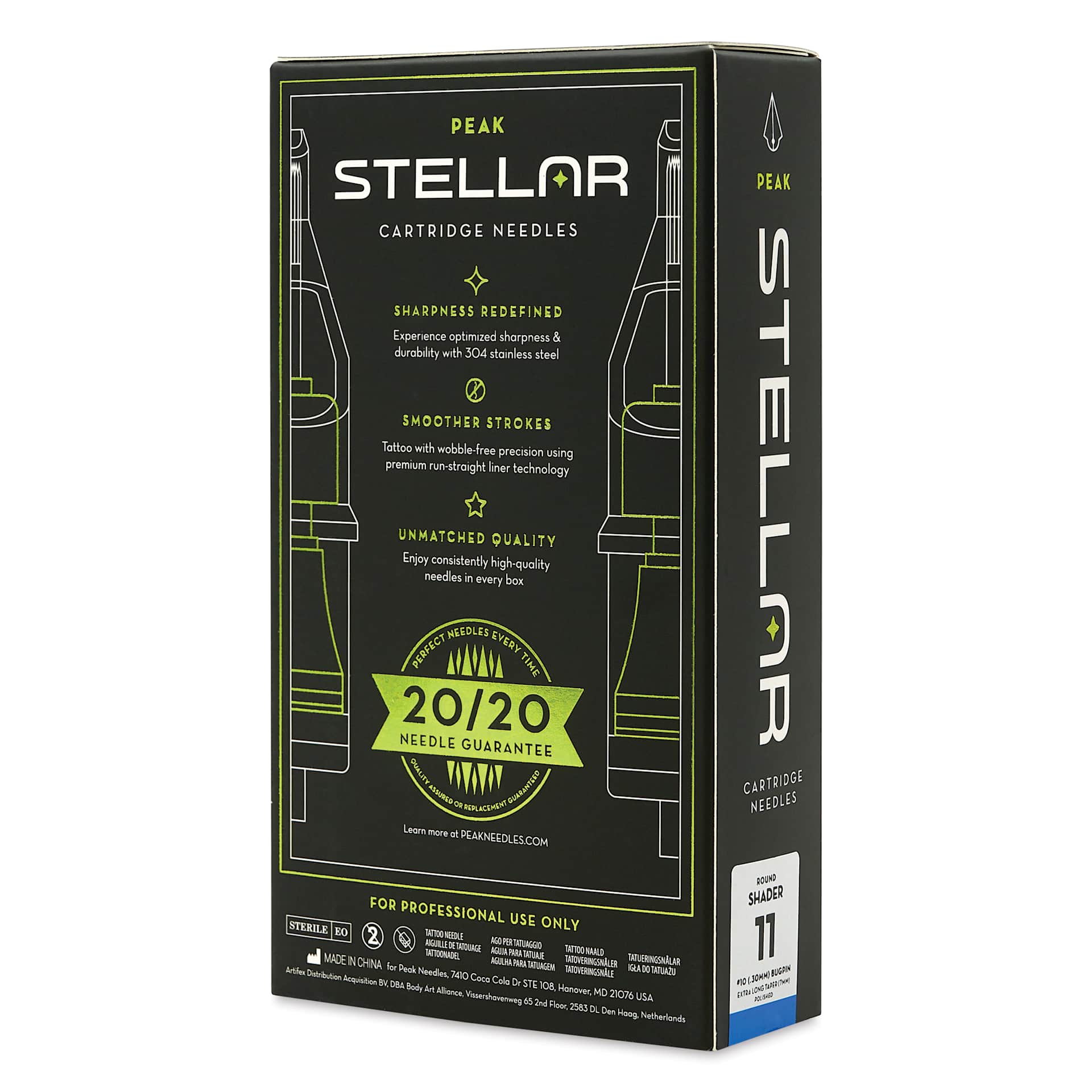 Peak Stellar Round Shader Extra Long Taper Tattoo Needle Cartridges - #10, 11 Needles, Pkg of 20, packaging
