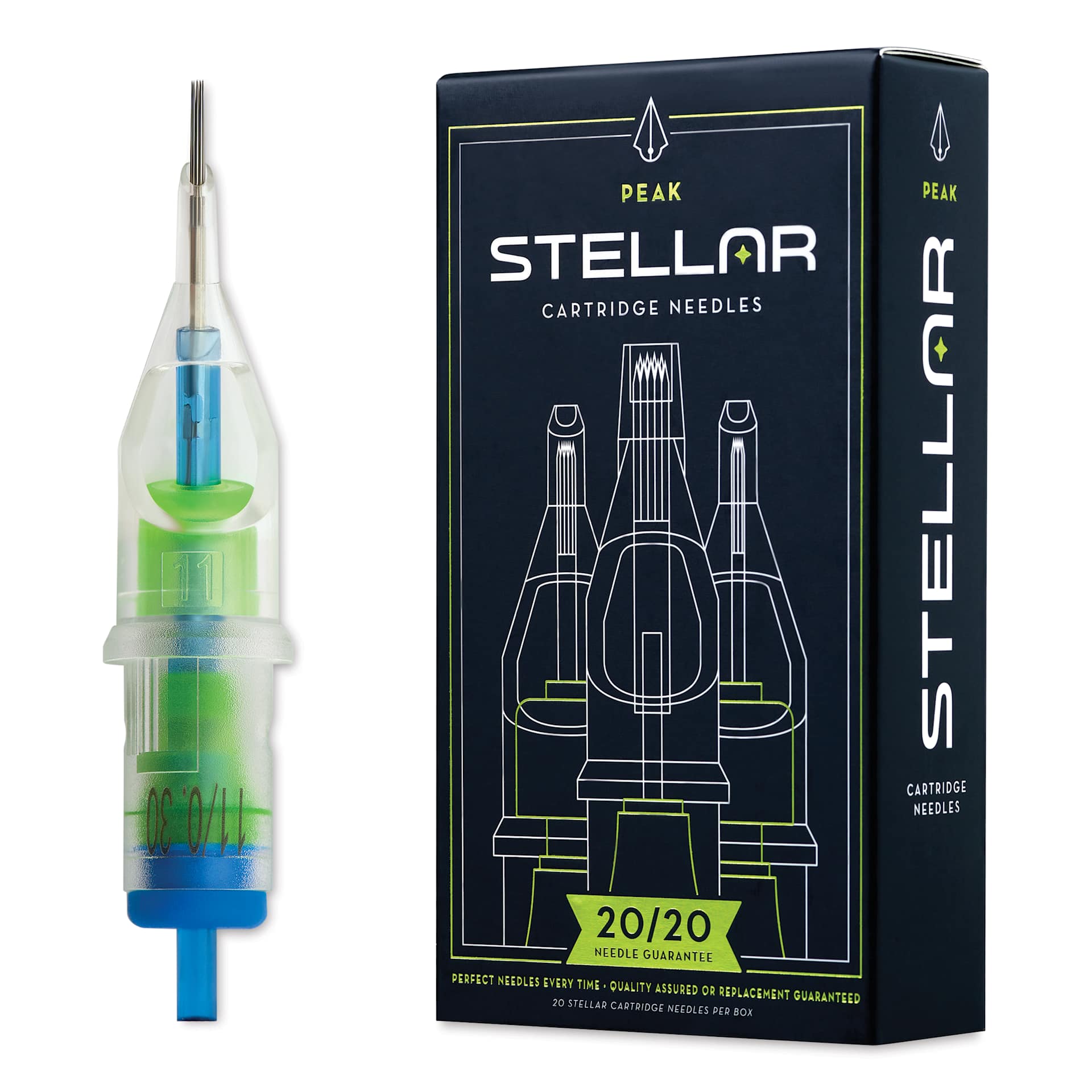Peak Stellar Round Shader Extra Long Taper Tattoo Needle Cartridges - #10, 11 Needles, Pkg of 20, needle and packaging