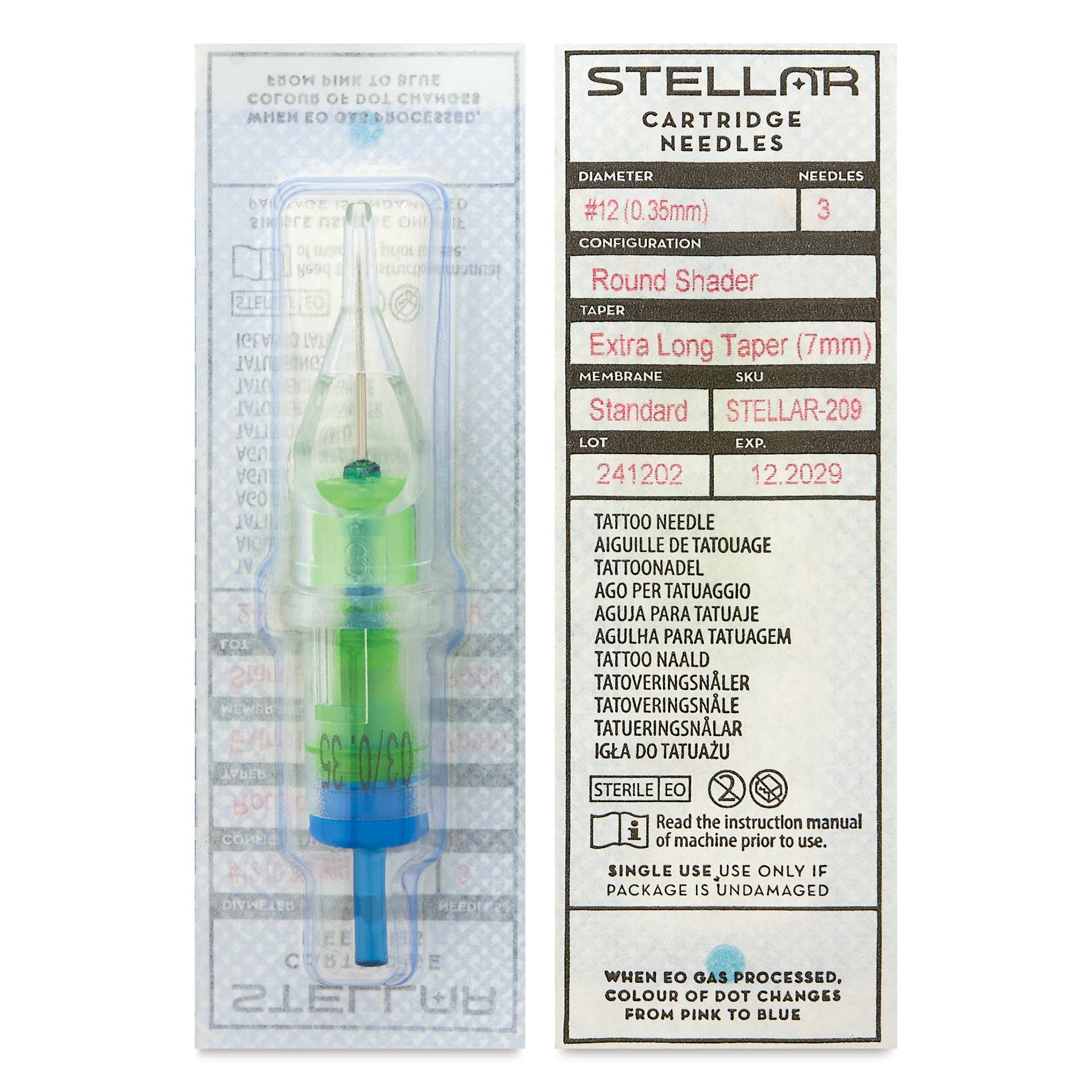 Peak Stellar Round Shader Extra Long Taper Tattoo Needle Cartridges - #12, 3 Needles, Pkg of 20, front and back of packaging