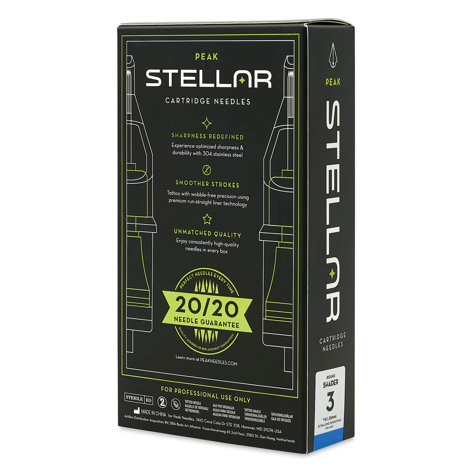 Peak Stellar Round Shader Extra Long Taper Tattoo Needle Cartridges - #12, 3 Needles, Pkg of 20, packaging