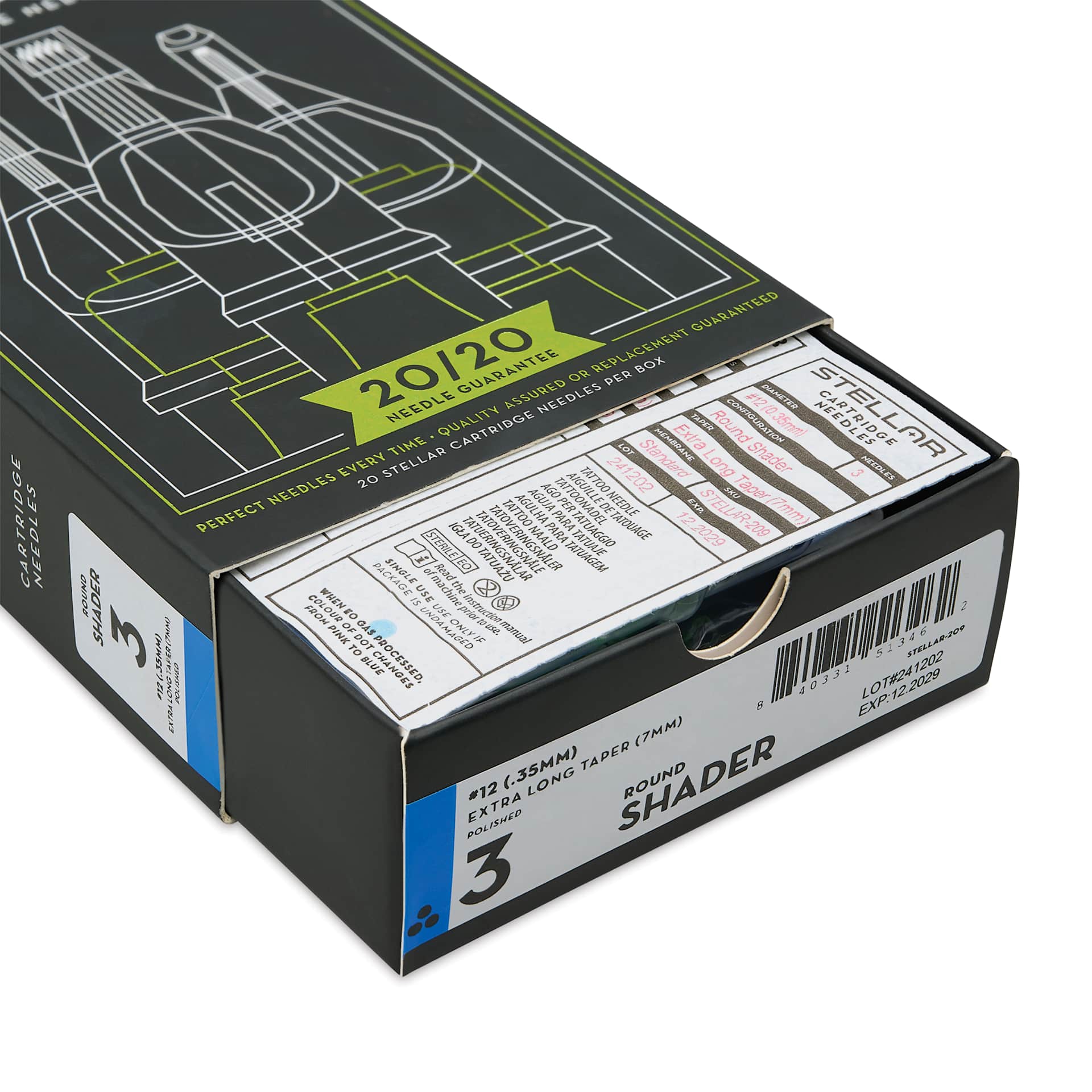 Peak Stellar Round Shader Extra Long Taper Tattoo Needle Cartridges - #12, 3 Needles, Pkg of 20, open packaging