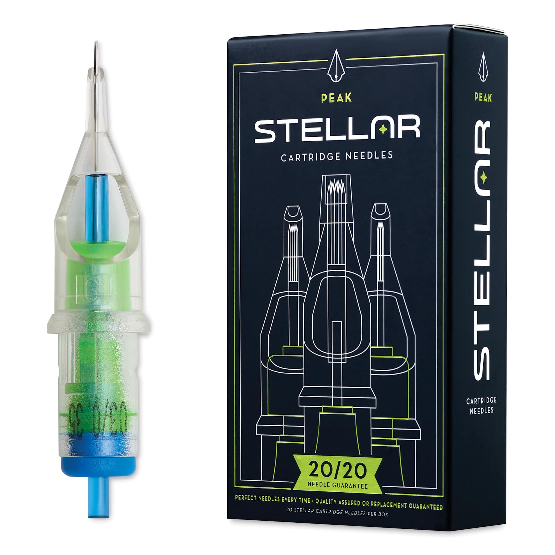 Peak Stellar Round Shader Extra Long Taper Tattoo Needle Cartridges - #12, 3 Needles, Pkg of 20, needle and packaging