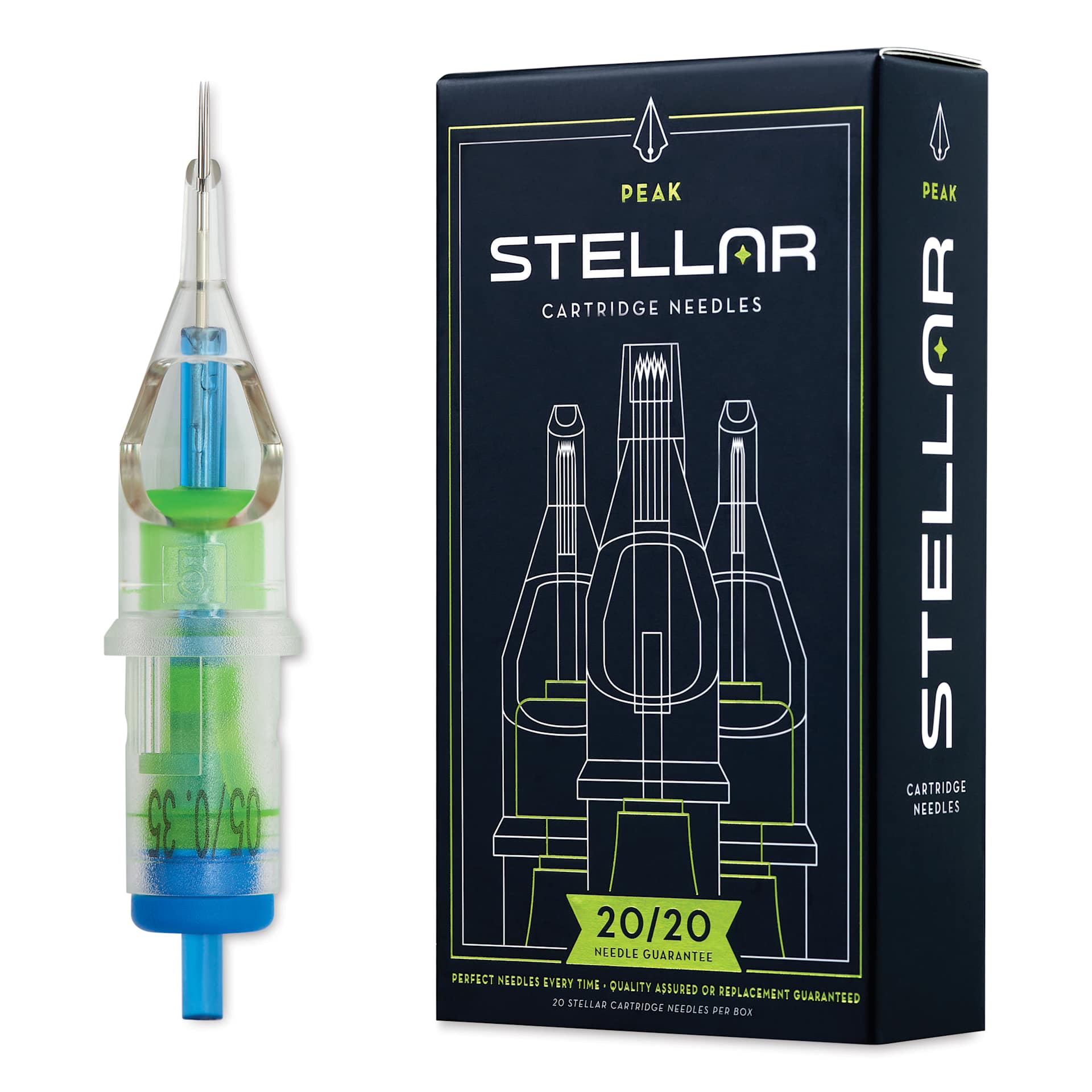 Peak Stellar Round Shader Extra Long Taper Tattoo Needle Cartridges - #12, 5 Needles, Pkg of 20, needle and packaging
