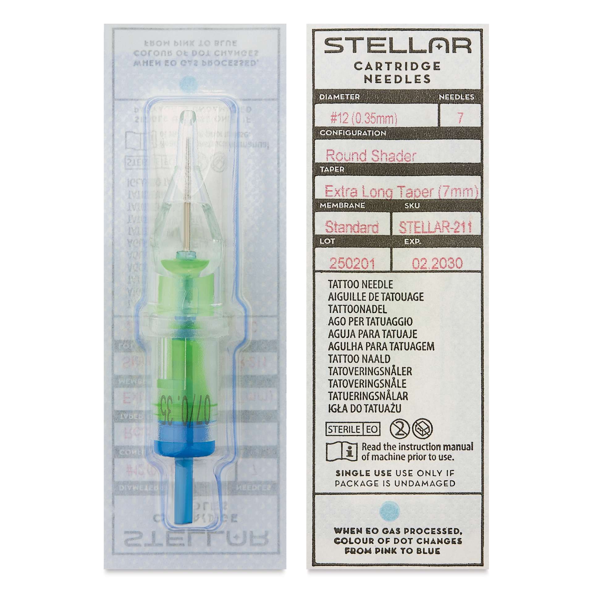 Peak Stellar Round Shader Extra Long Taper Tattoo Needle Cartridges - #12, 7 Needles, Pkg of 20, front and back of packaging
