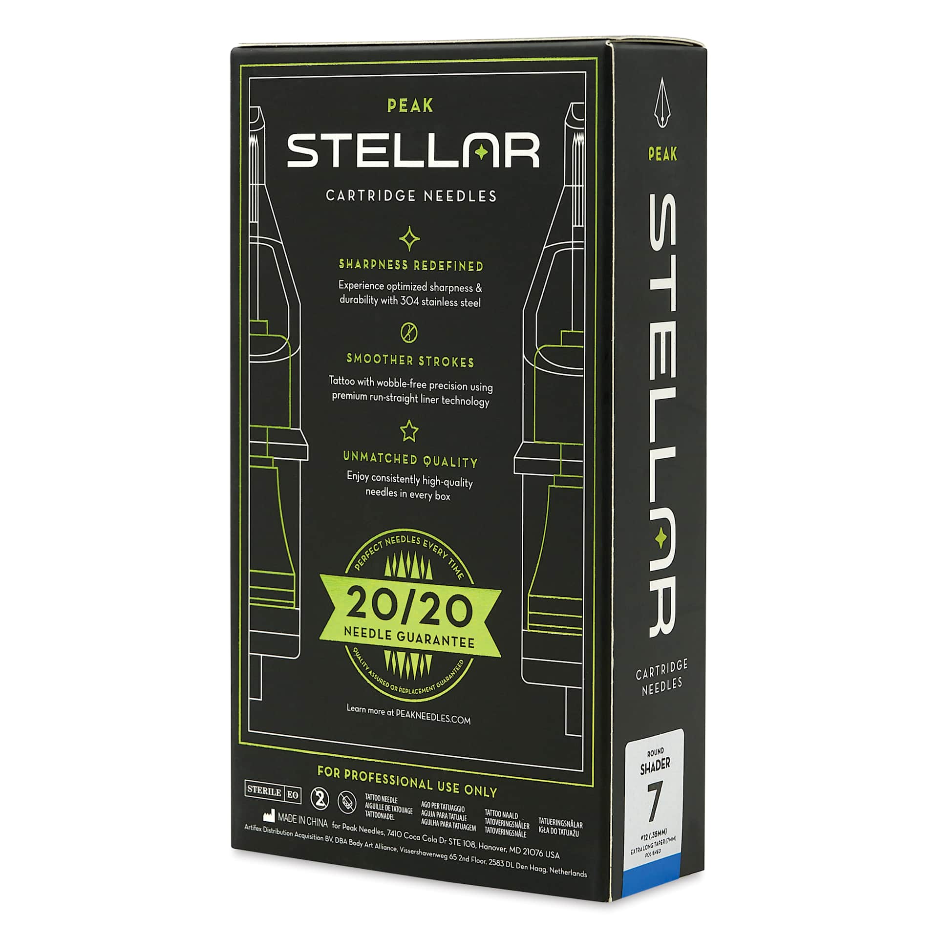 Peak Stellar Round Shader Extra Long Taper Tattoo Needle Cartridges - #12, 7 Needles, Pkg of 20, packaging