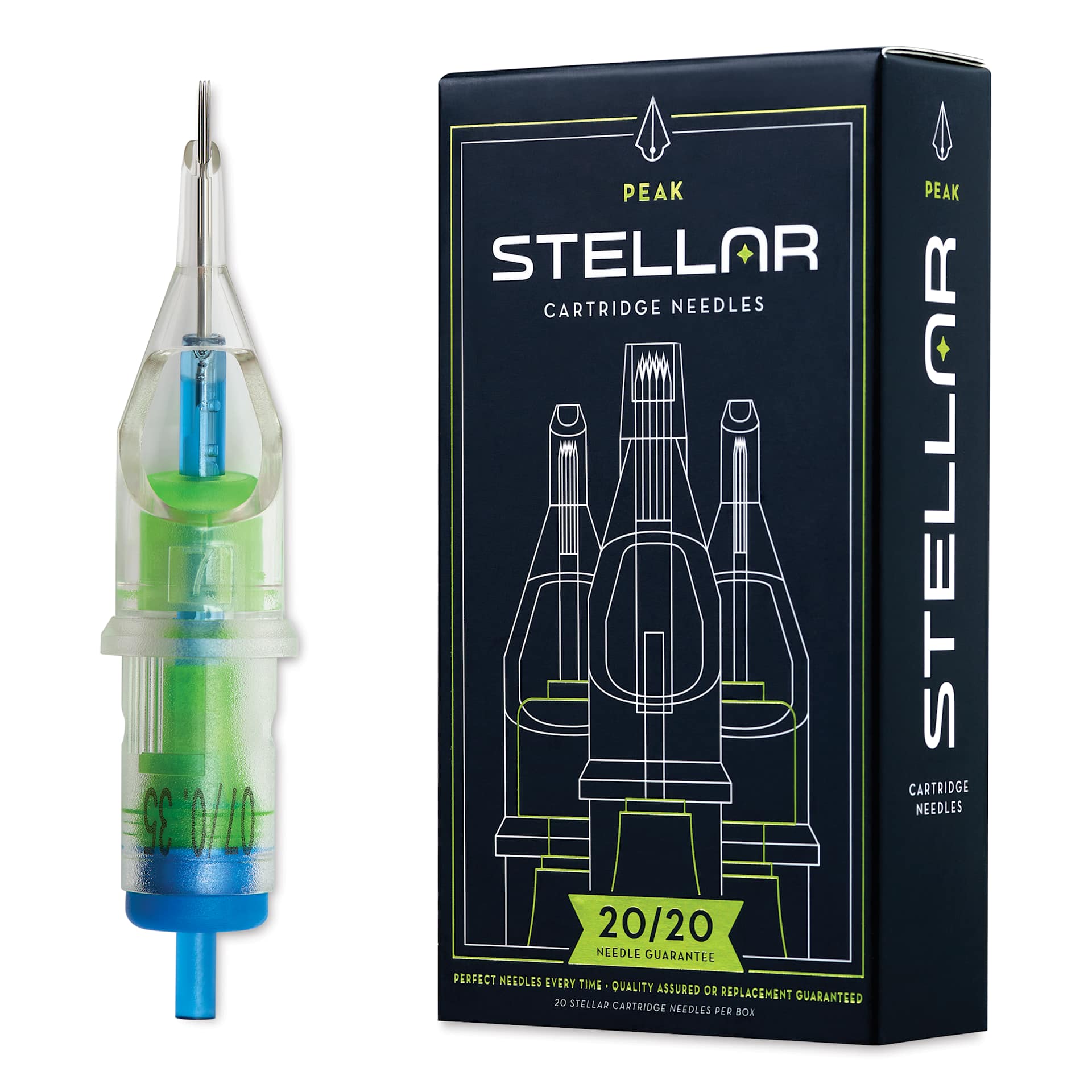 Peak Stellar Round Shader Extra Long Taper Tattoo Needle Cartridges - #12, 7 Needles, Pkg of 20, needle and packaging