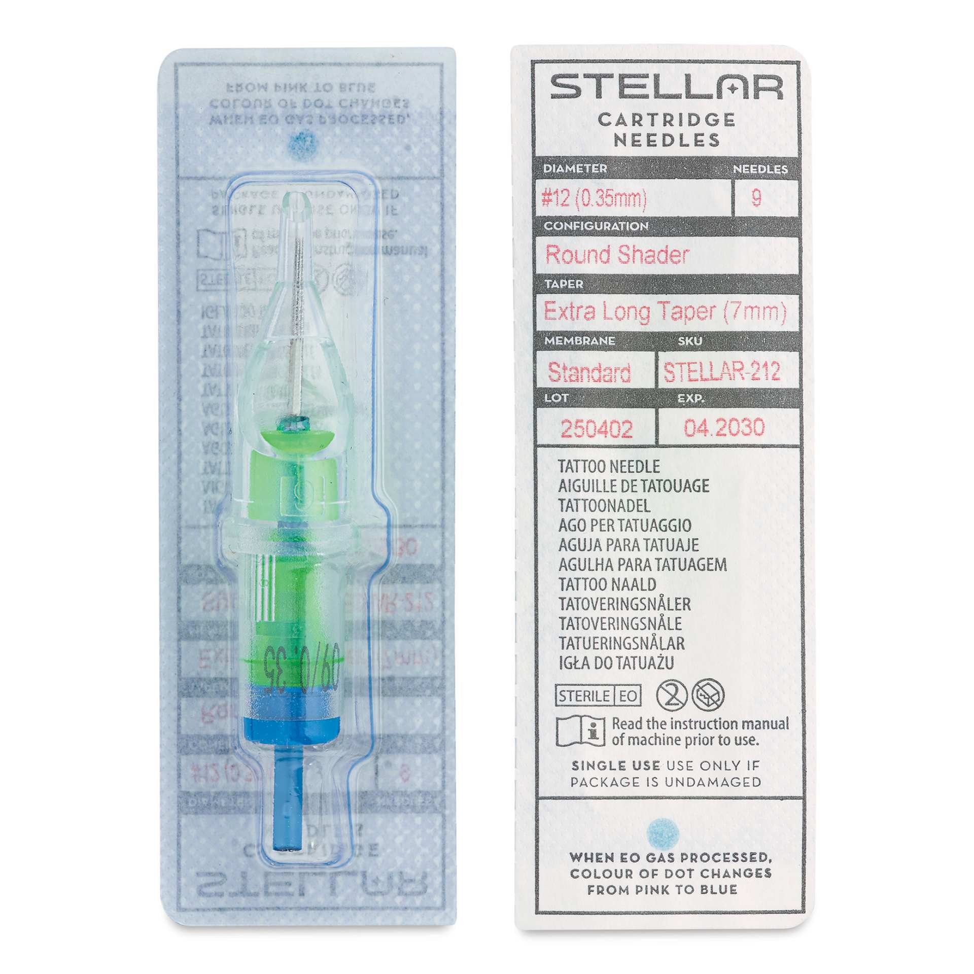 Peak Stellar Round Shader Extra Long Taper Tattoo Needle Cartridges - #12, 9 Needles, Pkg of 20, front and back of packaging