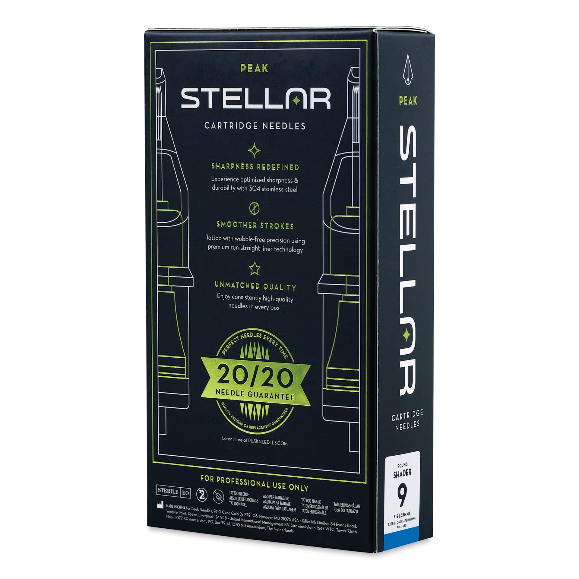 Peak Stellar Round Shader Extra Long Taper Tattoo Needle Cartridges - #12, 9 Needles, Pkg of 20, packaging