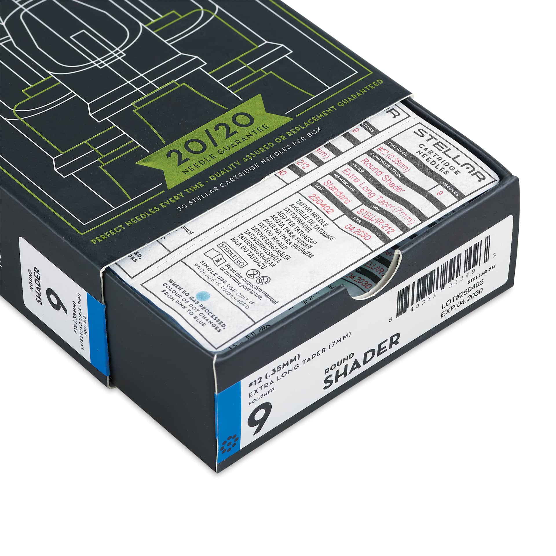 Peak Stellar Round Shader Extra Long Taper Tattoo Needle Cartridges - #12, 9 Needles, Pkg of 20, open packaging