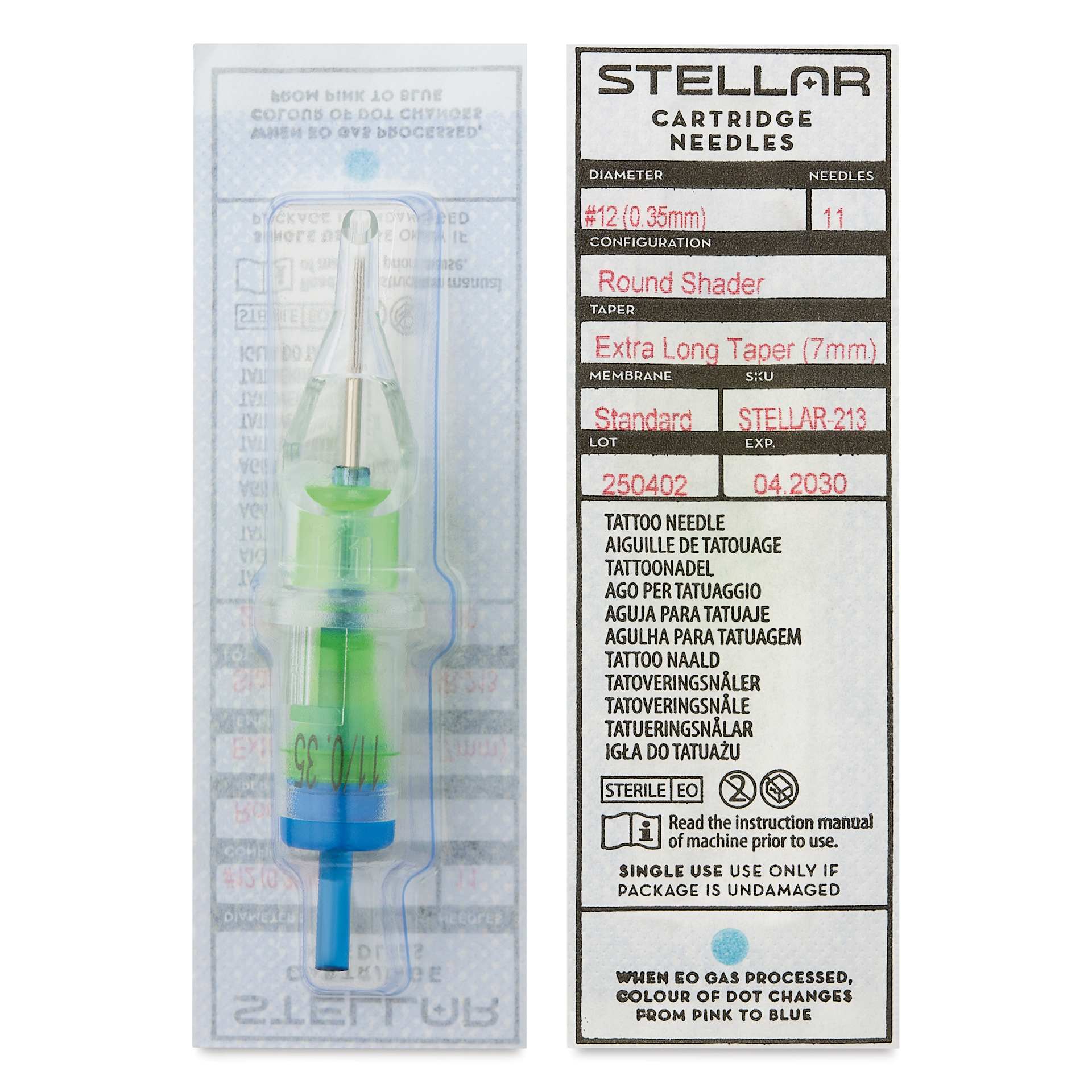 Peak Stellar Round Shader Extra Long Taper Tattoo Needle Cartridges - #12, 11 Needles, Pkg of 20, front and back of packaging
