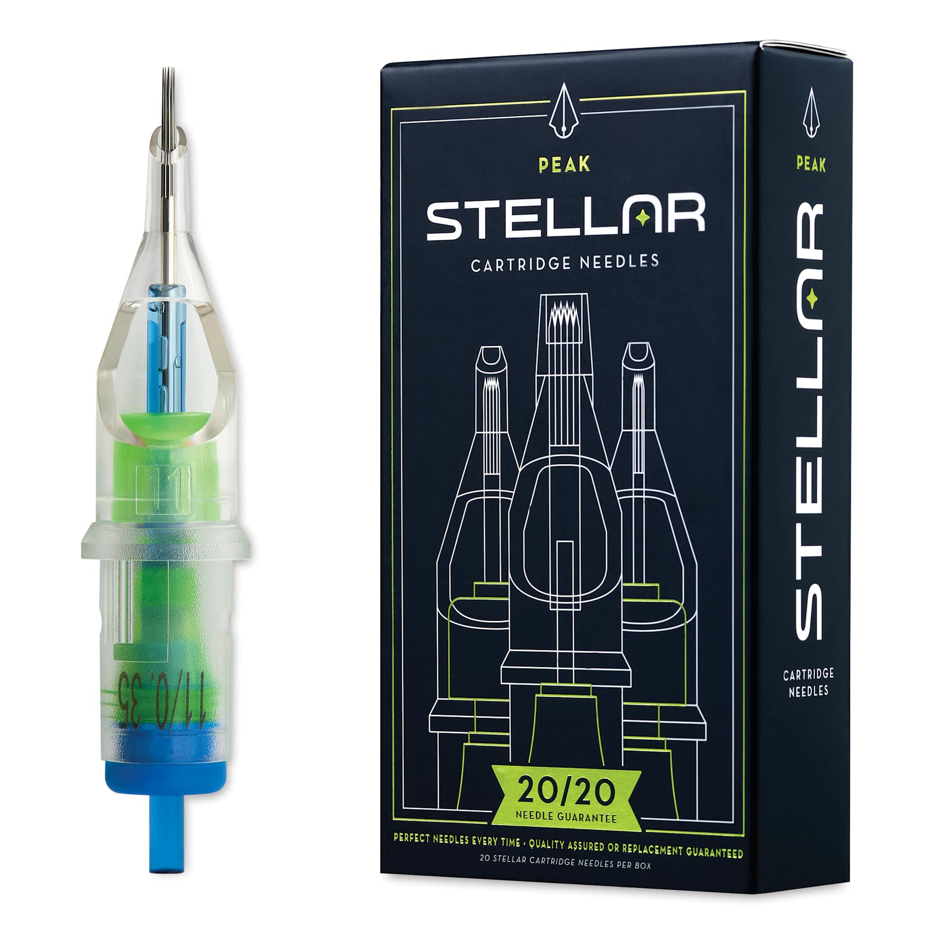 Peak Stellar Round Shader Extra Long Taper Tattoo Needle Cartridges - #12, 11 Needles, Pkg of 20, needle and packaging