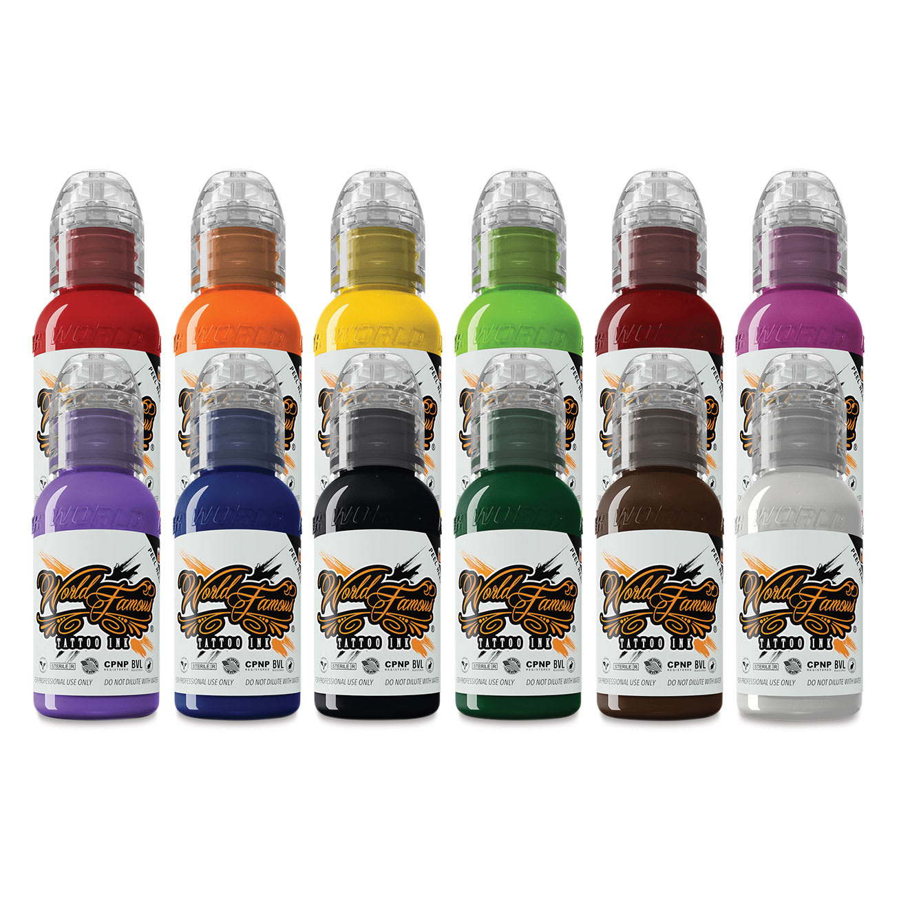 World Famous Tattoo Inks and Sets - Set of 12, Primary #3, 1 oz bottles