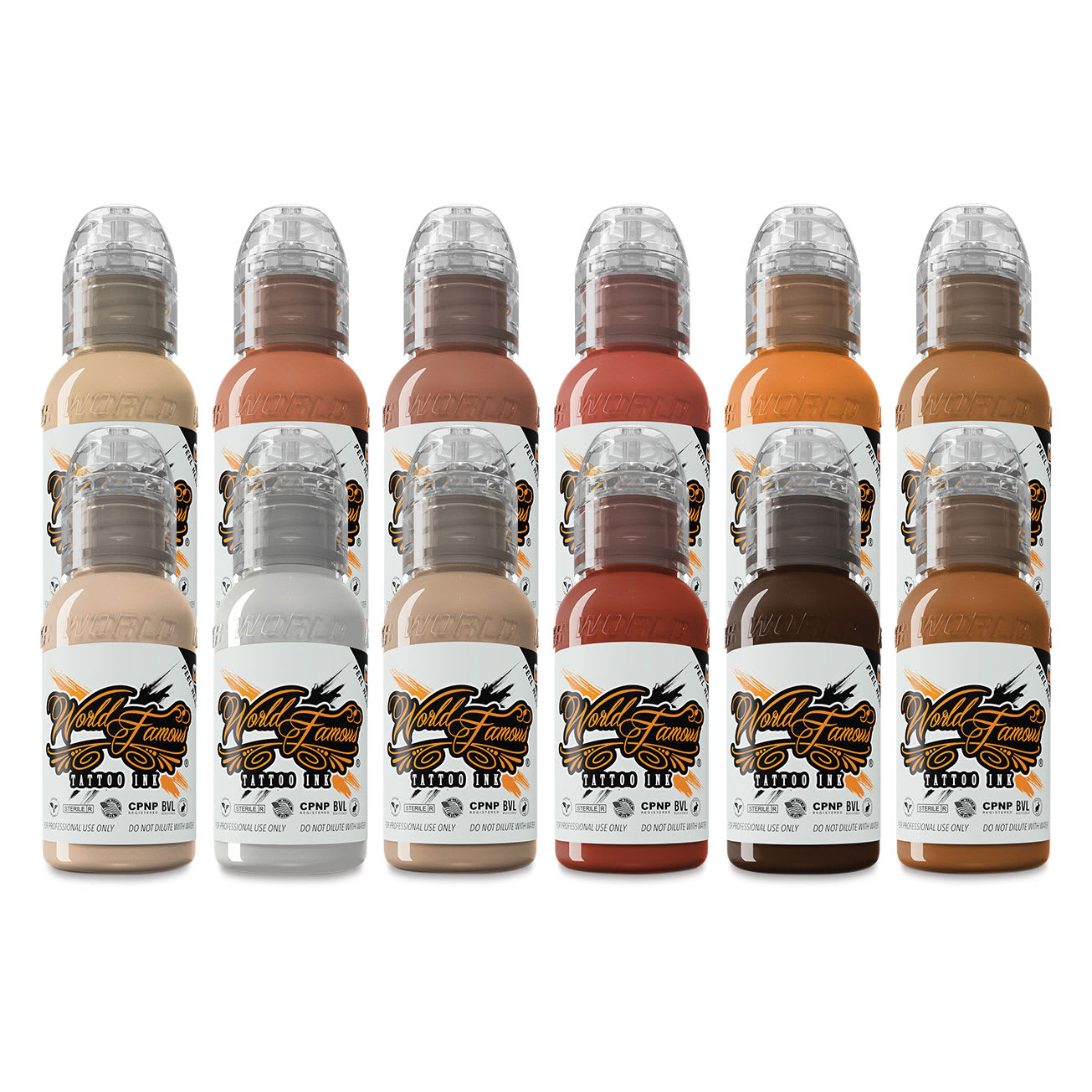 World Famous Tattoo Inks and Sets - Set of 12, Skintone, 1 oz bottles