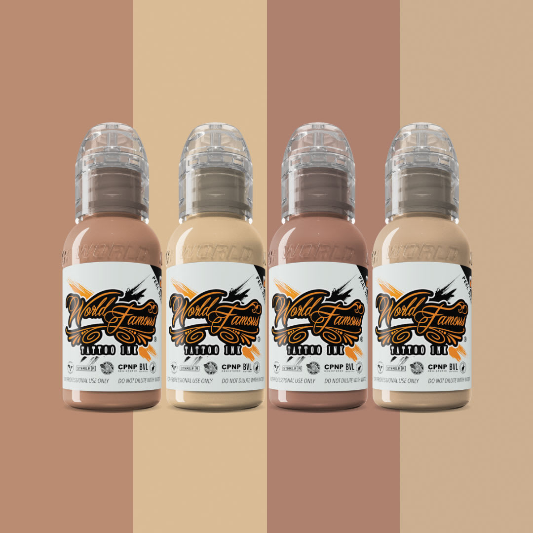 World Famous Tattoo Inks and Sets - Set of 4, Alex Santucci Cover-Up. 1 oz bottles, with swatches