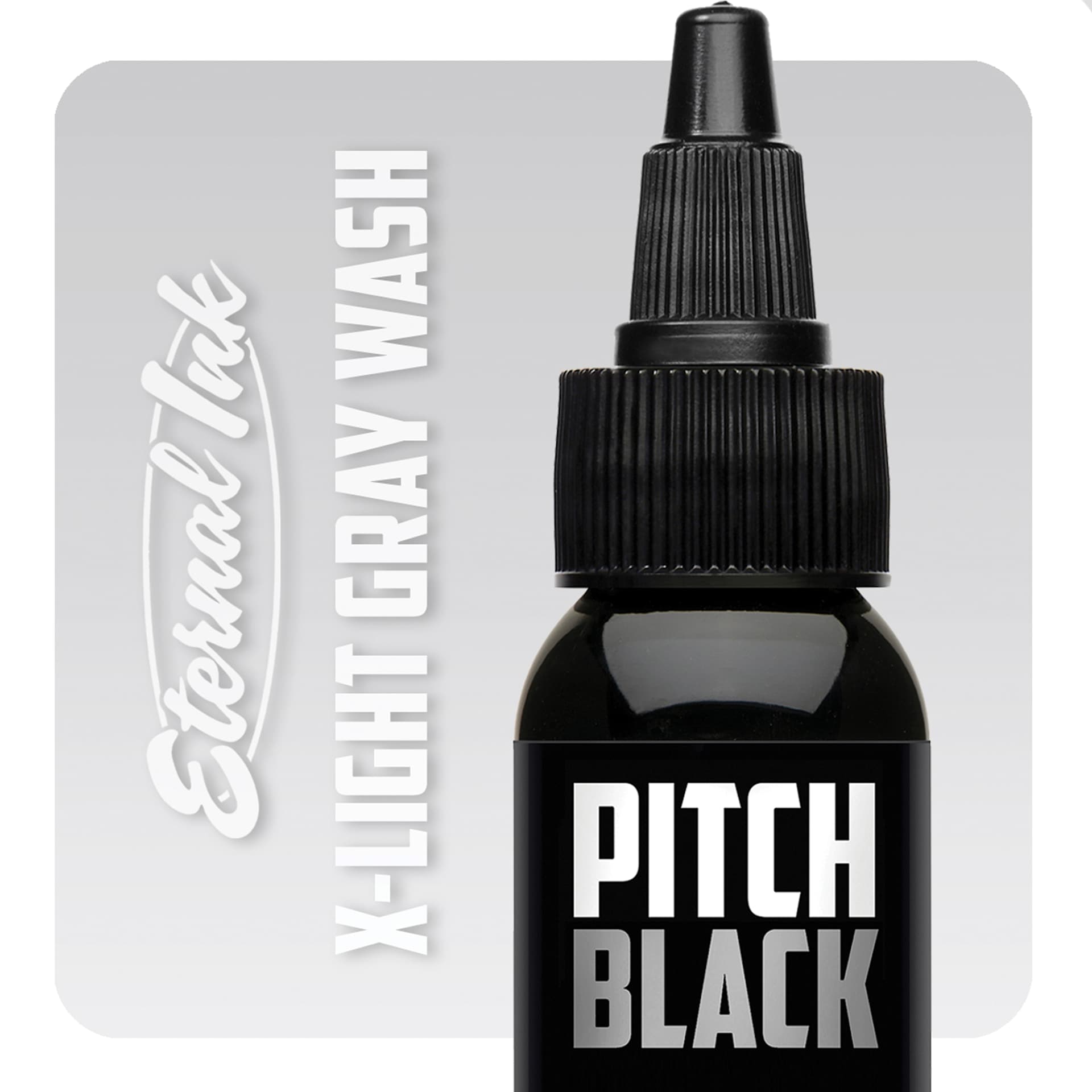 Eternal Ink Pitch Black Gray Wash Tattoo Ink - X-Light Gray, 1 oz bottle with swatch
