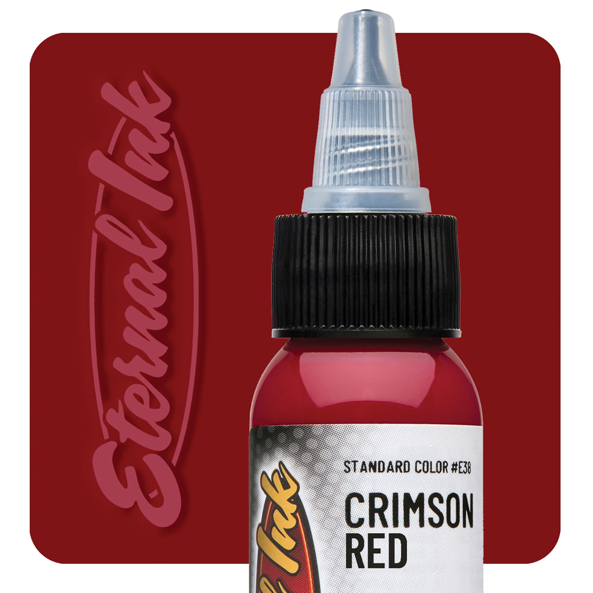 Eternal Ink Tattoo Ink - Crimson Red, 1 oz bottle and swatch