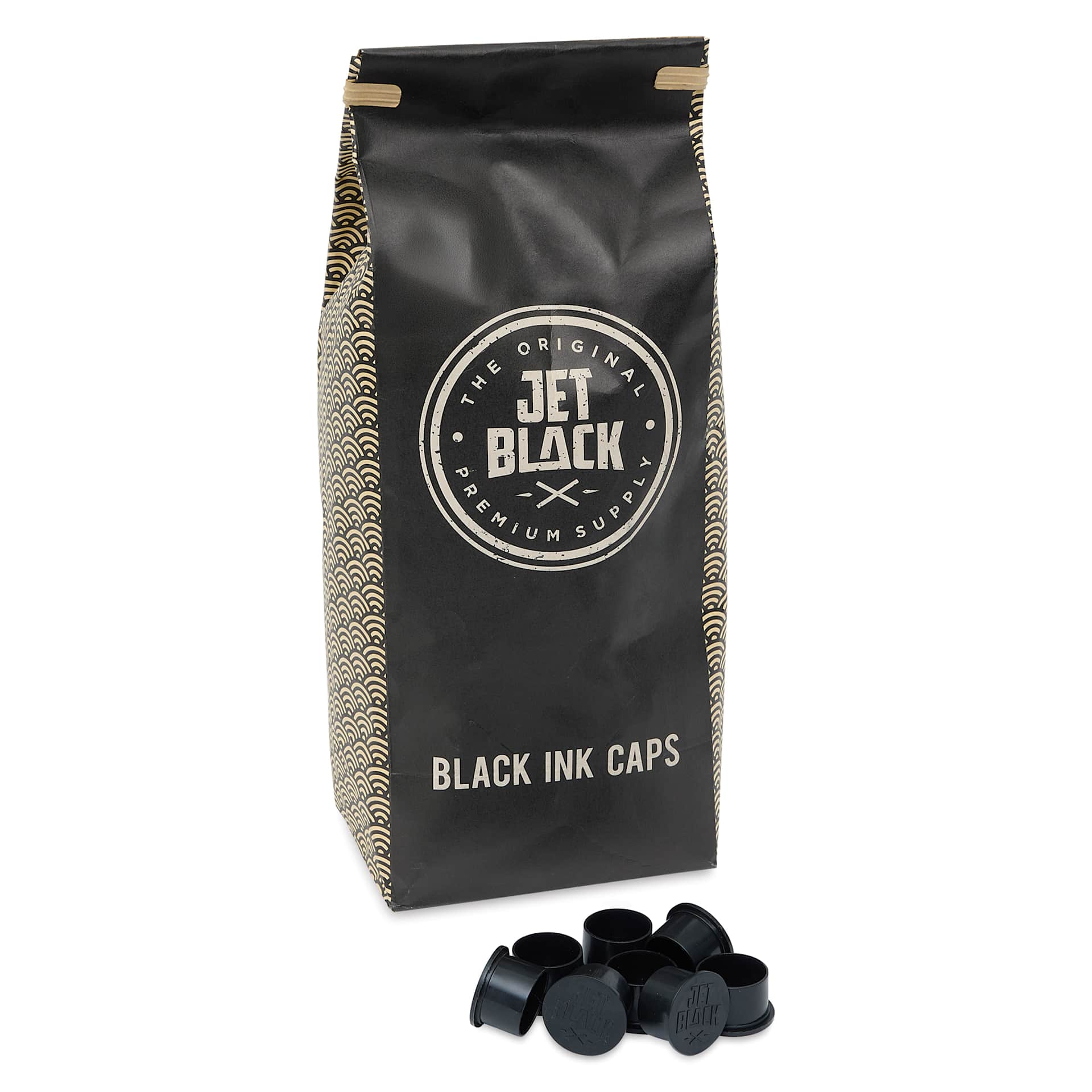TatSoul Jet Black Ink Caps - 20 mm, Pkg of 500, front of packaging with several caps out of package