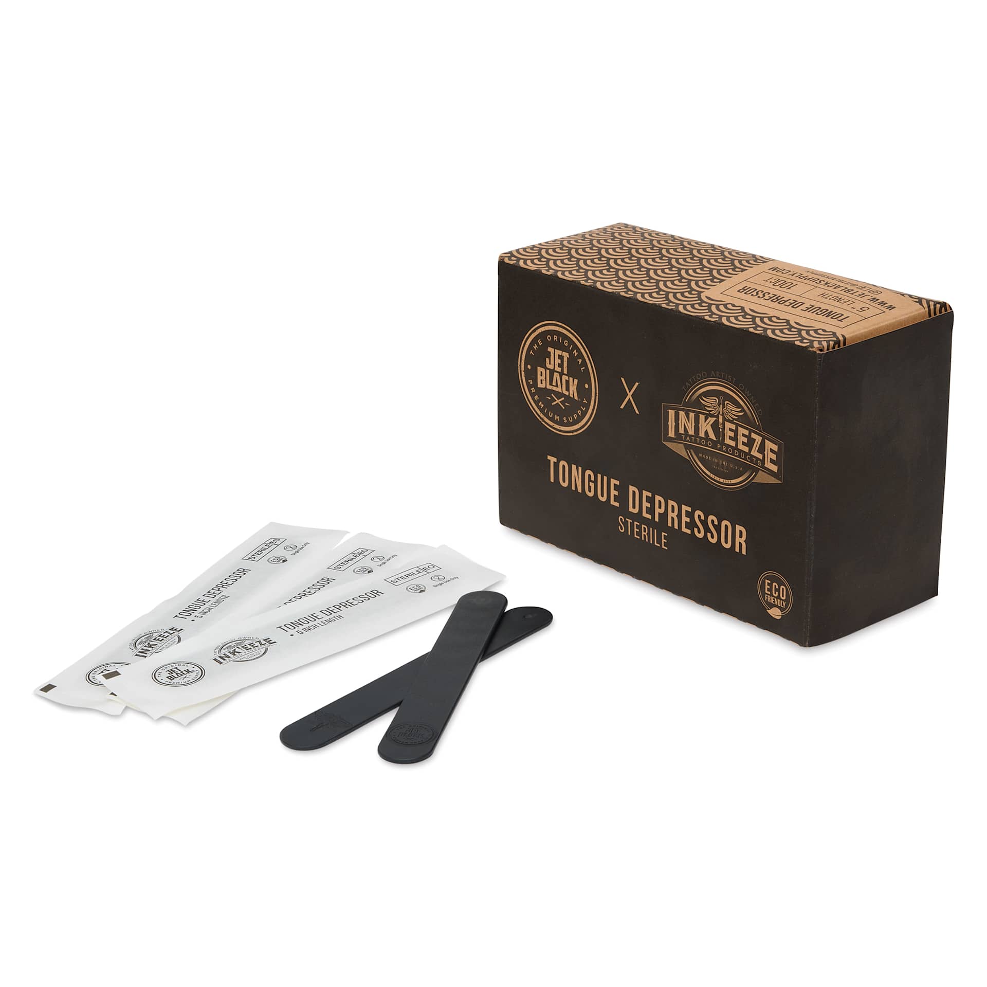 TatSoul Jet Black x Inkeeze Tongue Depressors - Pkg of 100, tongue depresors and packaging