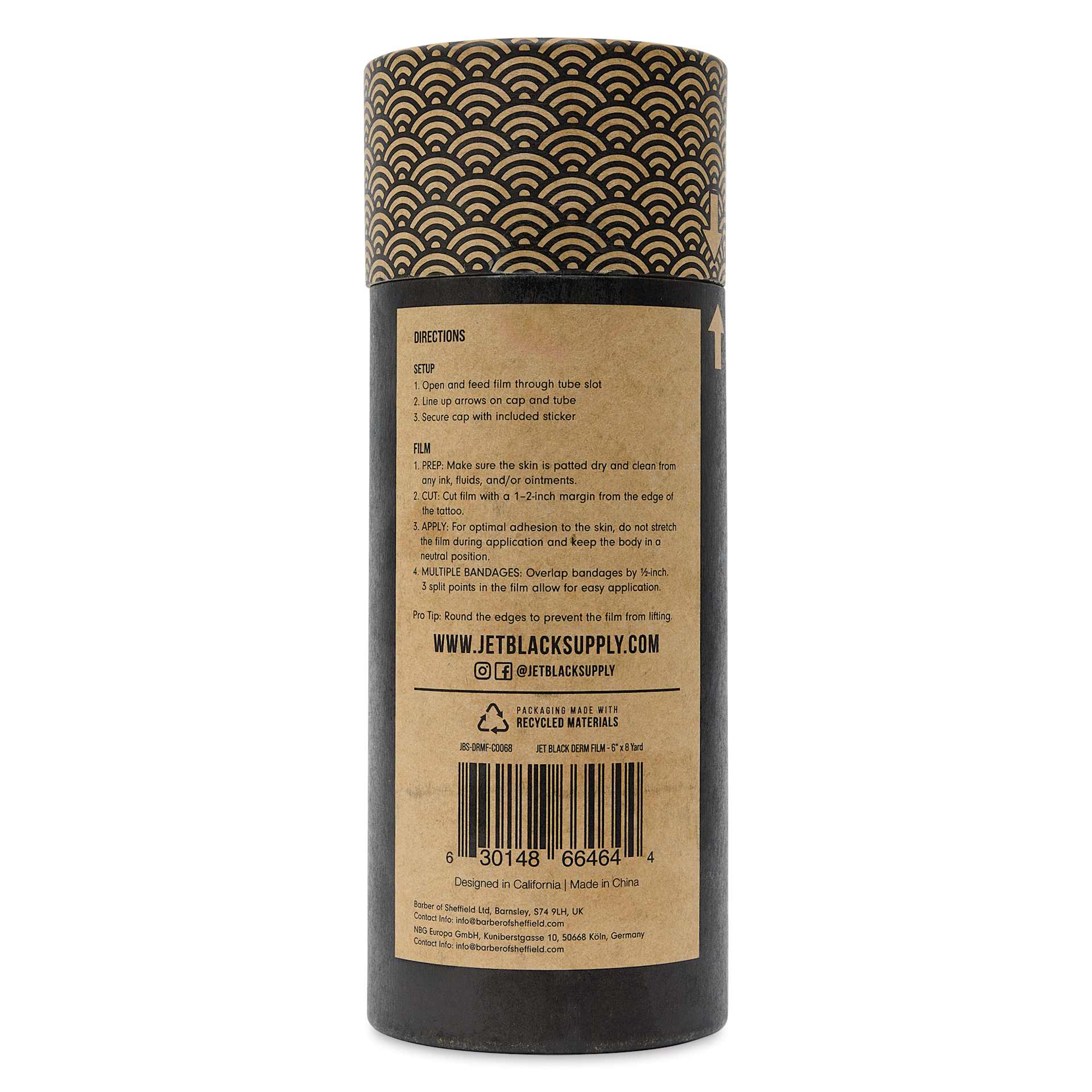 Tatsoul Jet Black Derm Film - 6" x 8 yd Roll, back of packaging