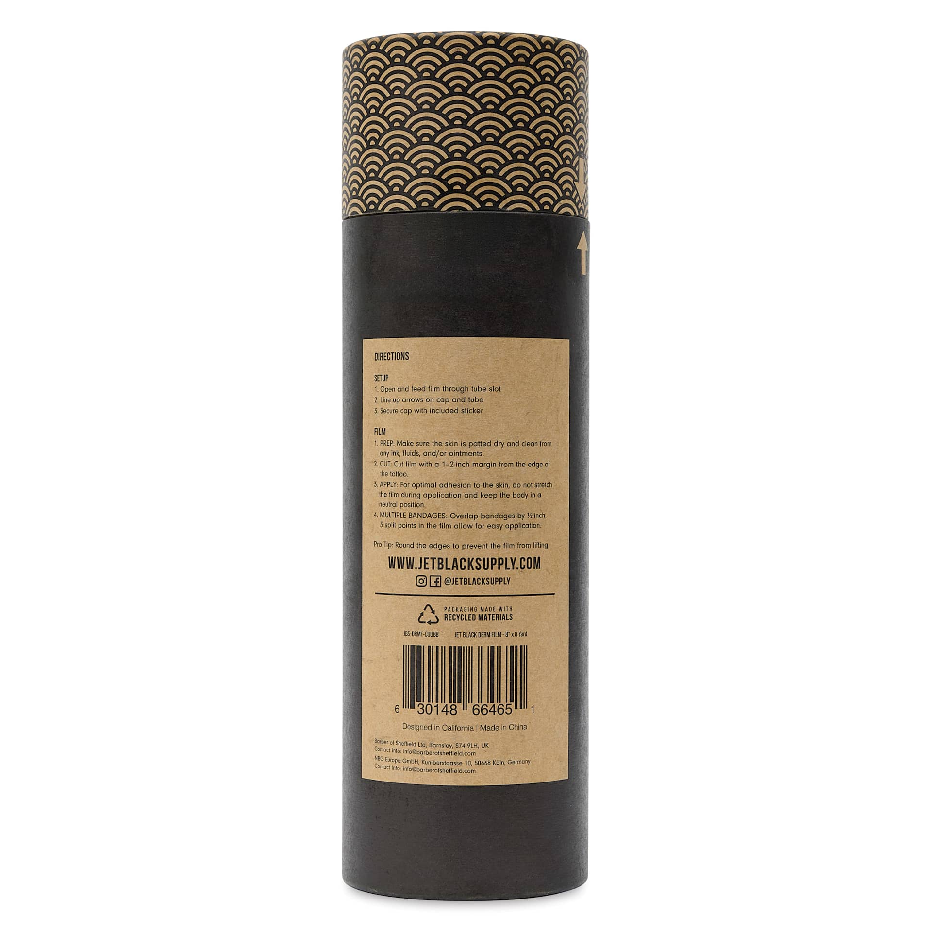 Tatsoul Jet Black Derm Film - 8" x 8 yd Roll, back of packaging