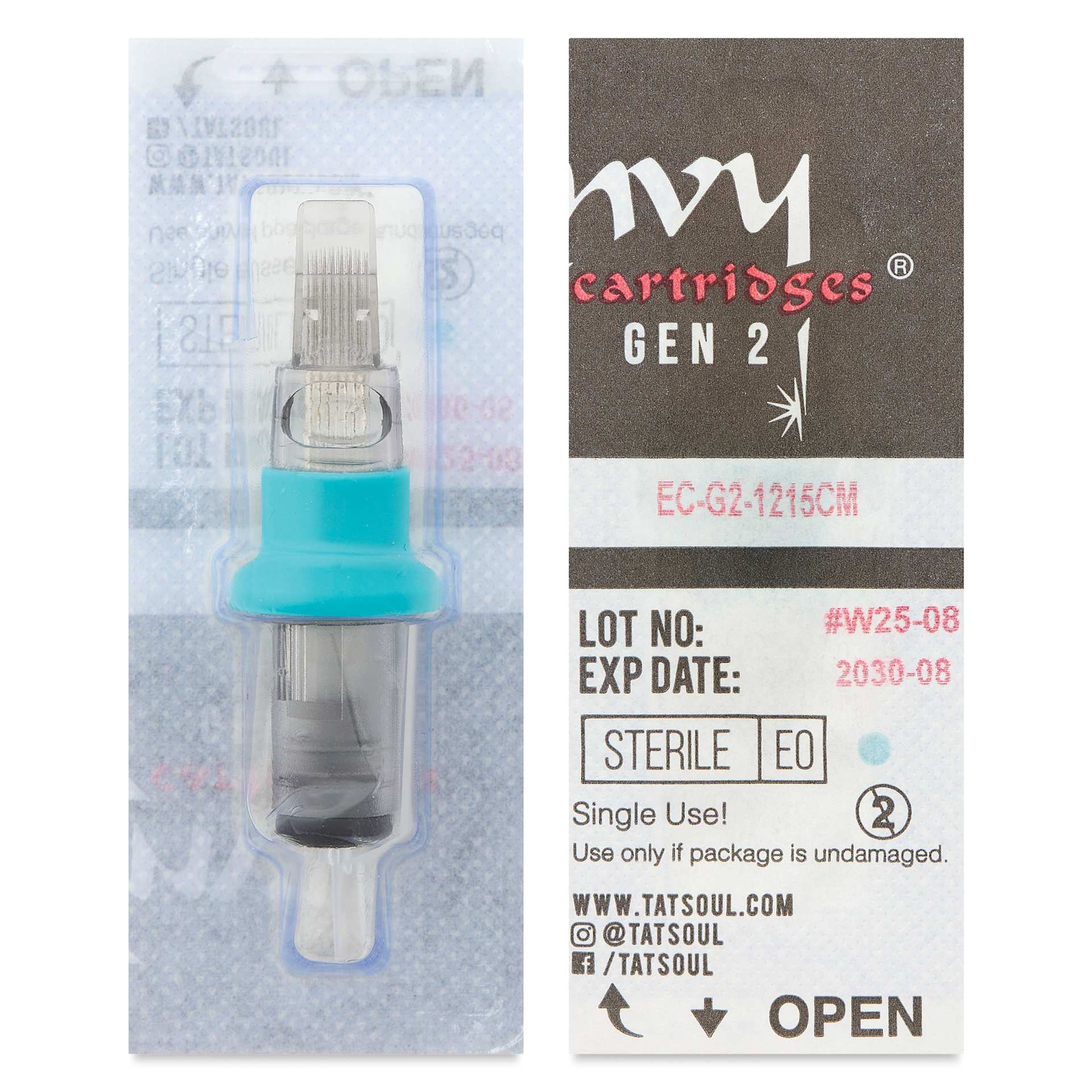 TatSoul Envy Gen 2 Standard Curved Magnum Long Taper Tattoo Needle Cartridges - #12, 15 Needles, Pkg of 10, front and back of single package