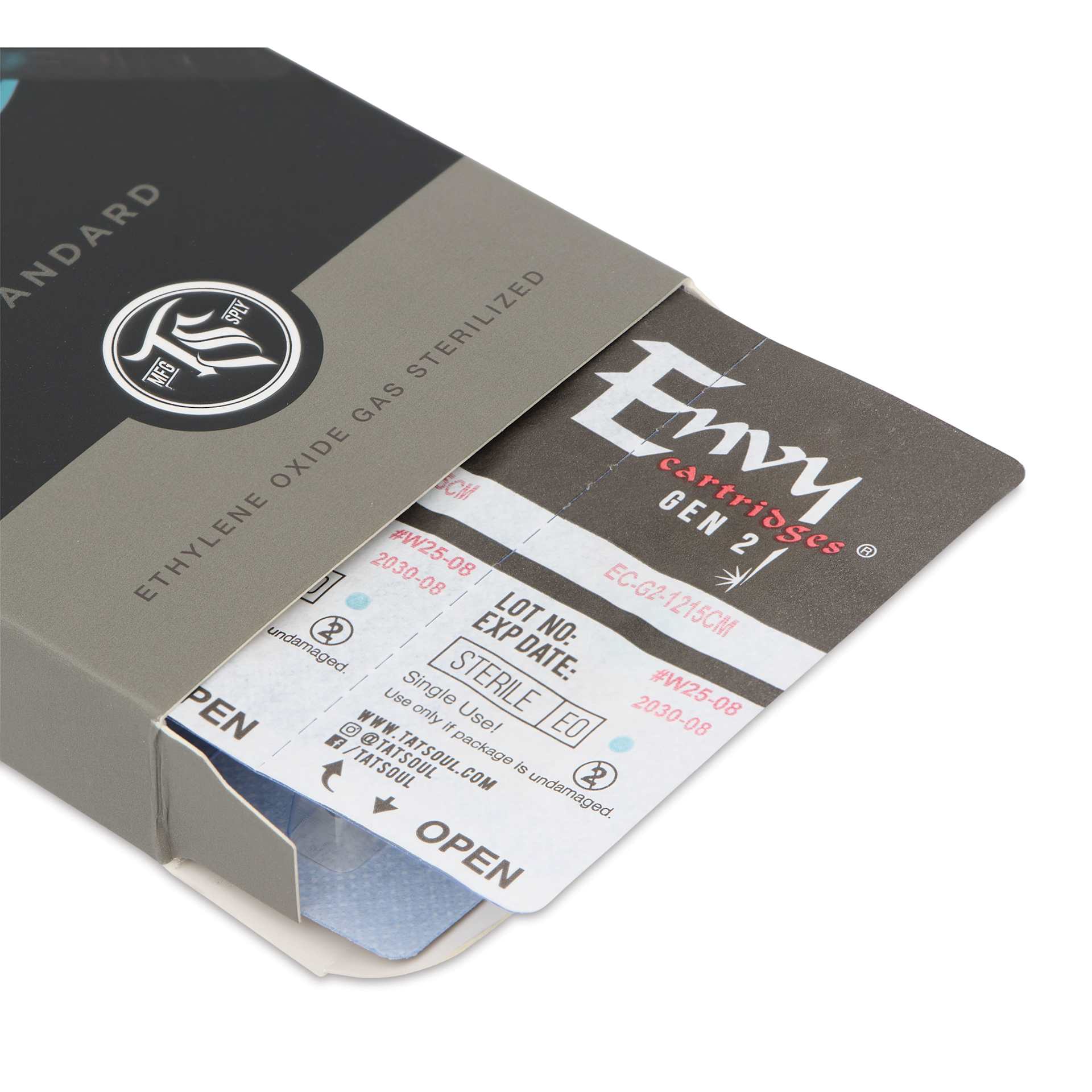 TatSoul Envy Gen 2 Standard Curved Magnum Long Taper Tattoo Needle Cartridges - #12, 15 Needles, Pkg of 10, open packaging