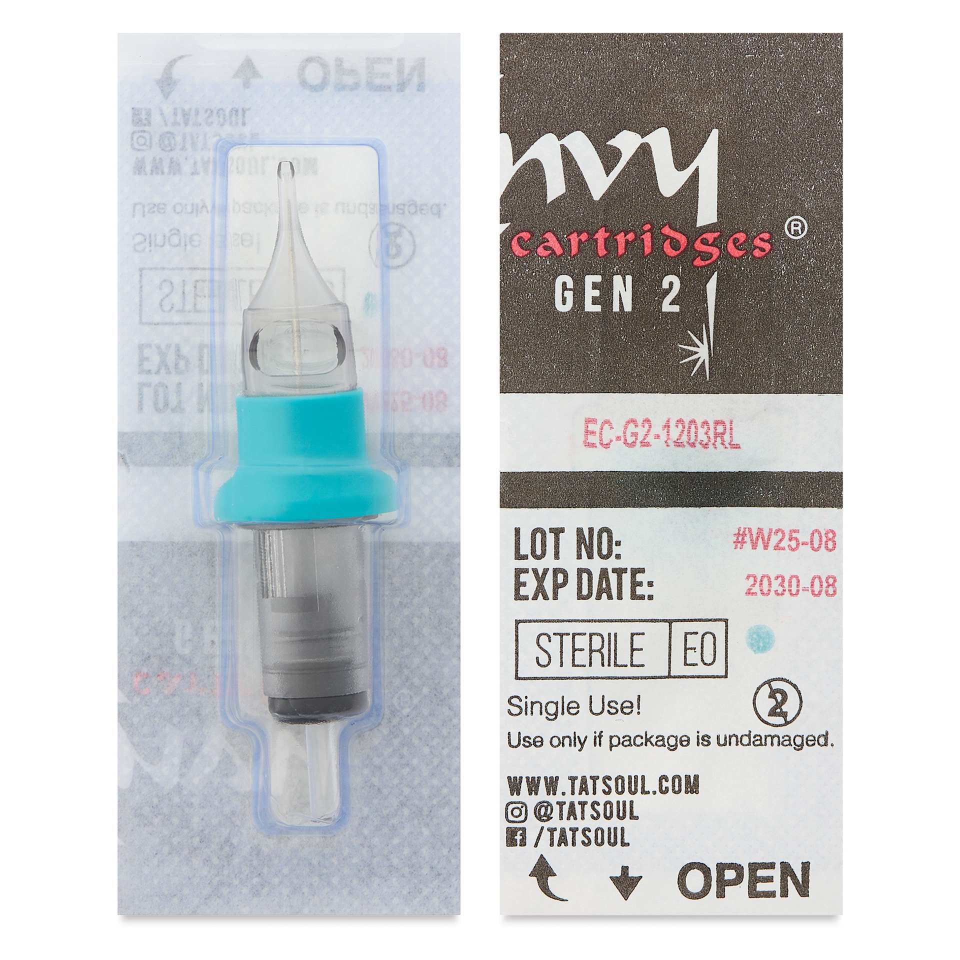 TatSoul Envy Gen 2 Standard Round Liner Long Taper Tattoo Needle Cartridge - #12, 3 Needles, Pkg of 10, front and back of individual packaging
