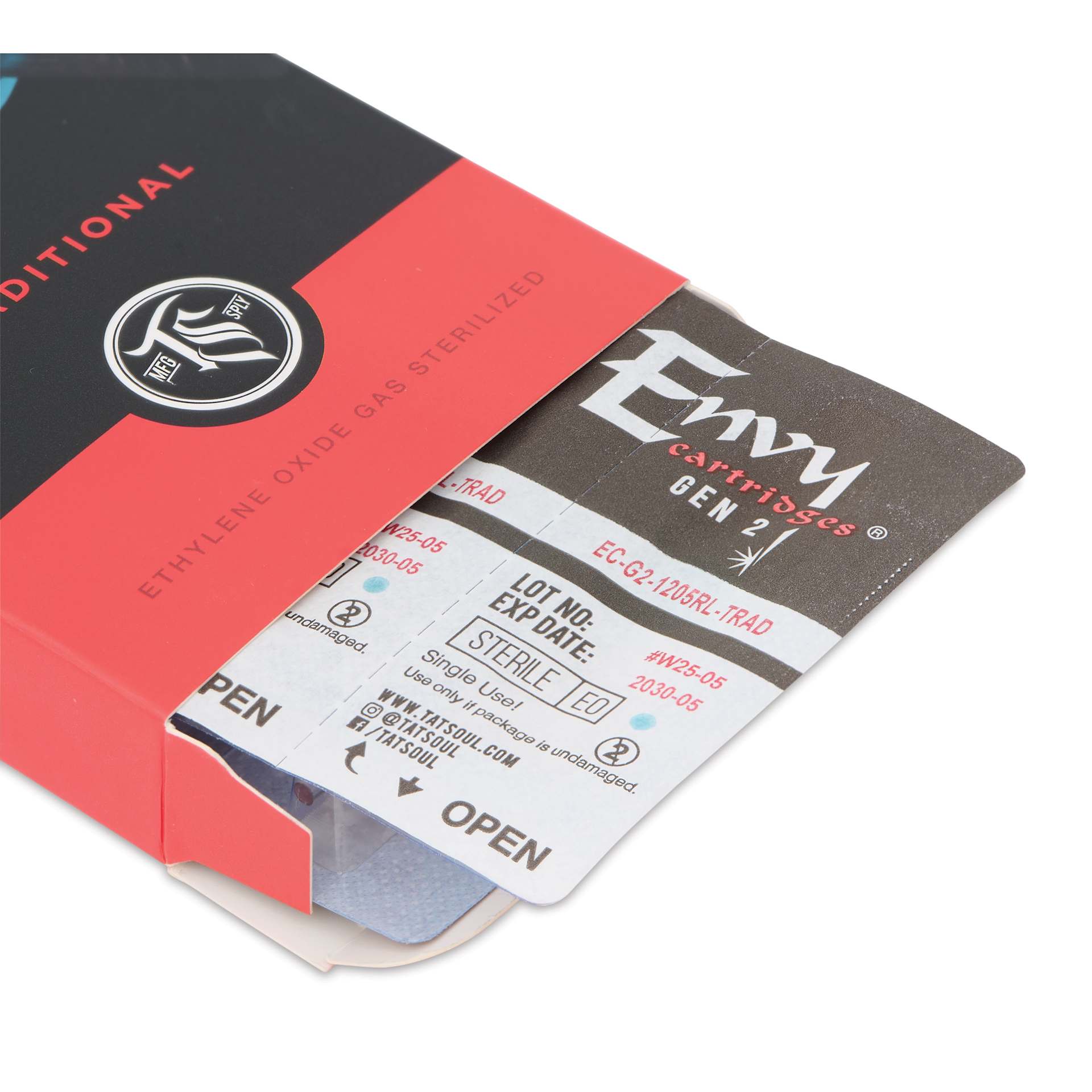 TatSoul Envy Gen 2 Traditional Round Liner Long Taper Tattoo Needle Cartridges - #12, 5 Needles, Pkg of 10, open packaging