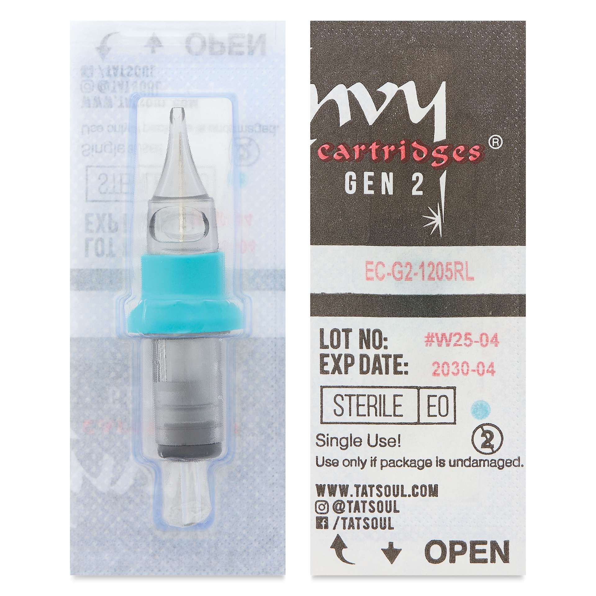 TatSoul Envy Gen 2 Standard Round Liner Long Taper Tattoo Needle Cartridge - #12, 5 Needles, Pkg of 10, front and back of individually packaging