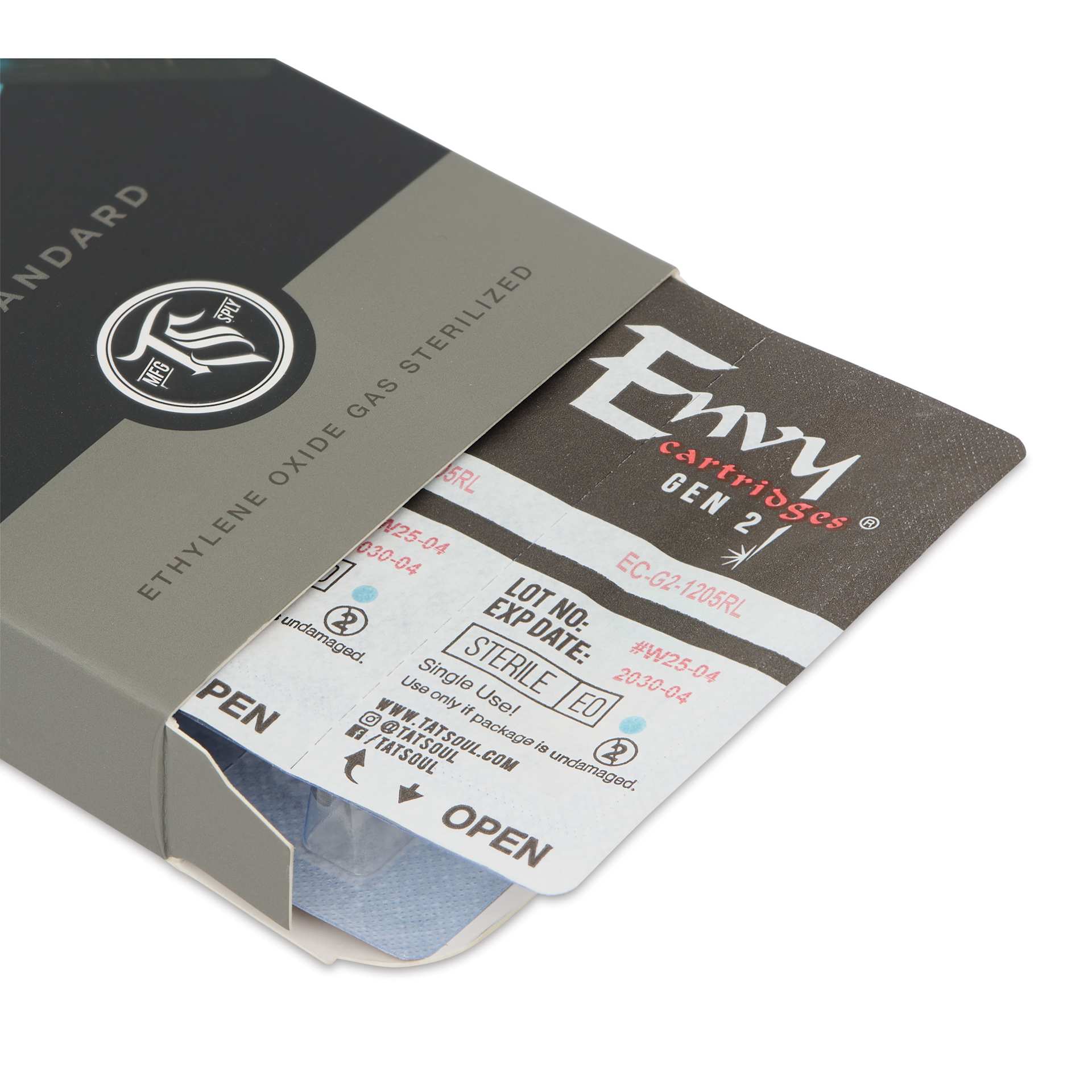 TatSoul Envy Gen 2 Standard Round Liner Long Taper Tattoo Needle Cartridge - #12, 5 Needles, Pkg of 10, open packaging