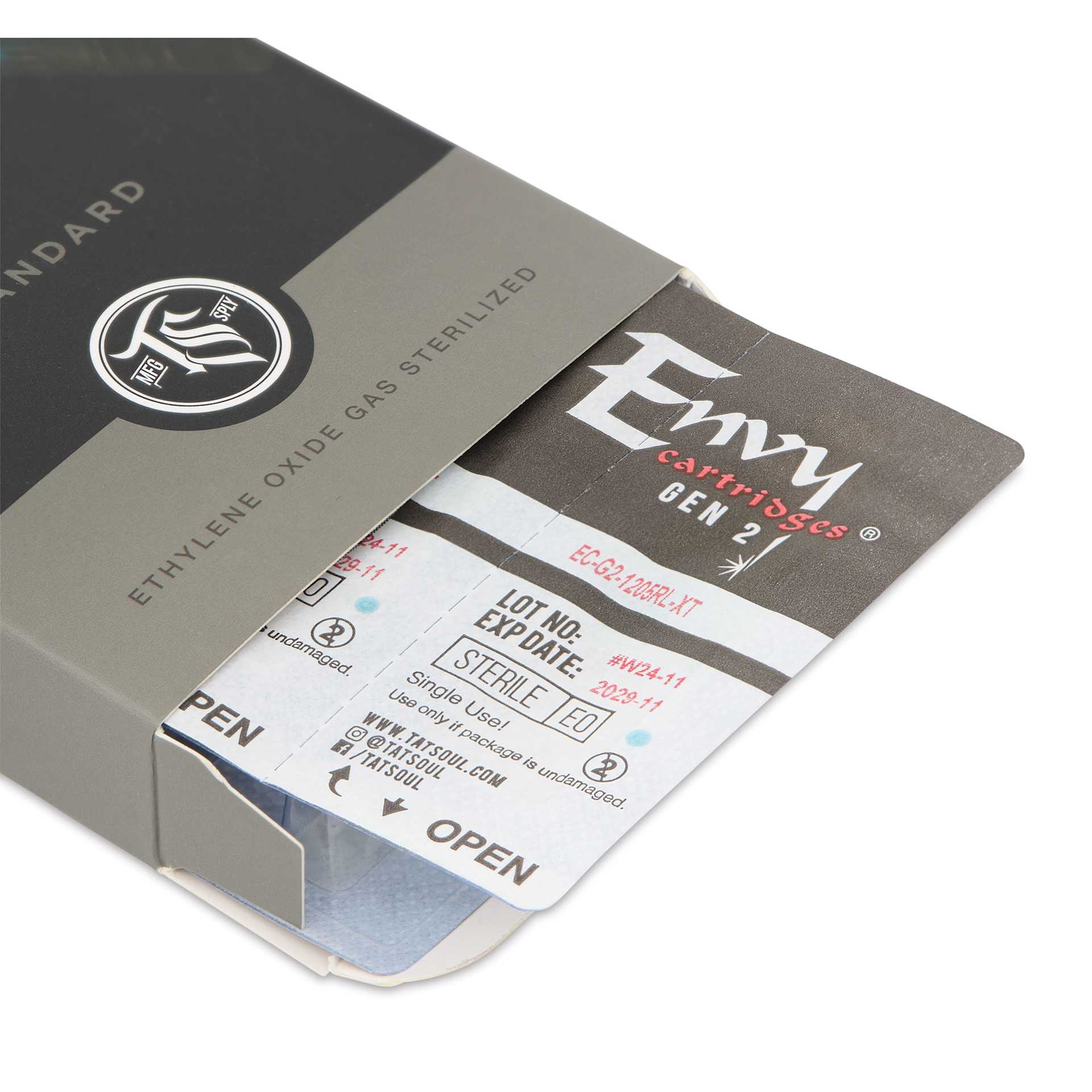 TatSoul Envy Gen 2 Standard Round Liner Extra Tight Long Taper Tattoo Needle Cartridge - #12, 5 Needles, Pkg of 10, open packaging