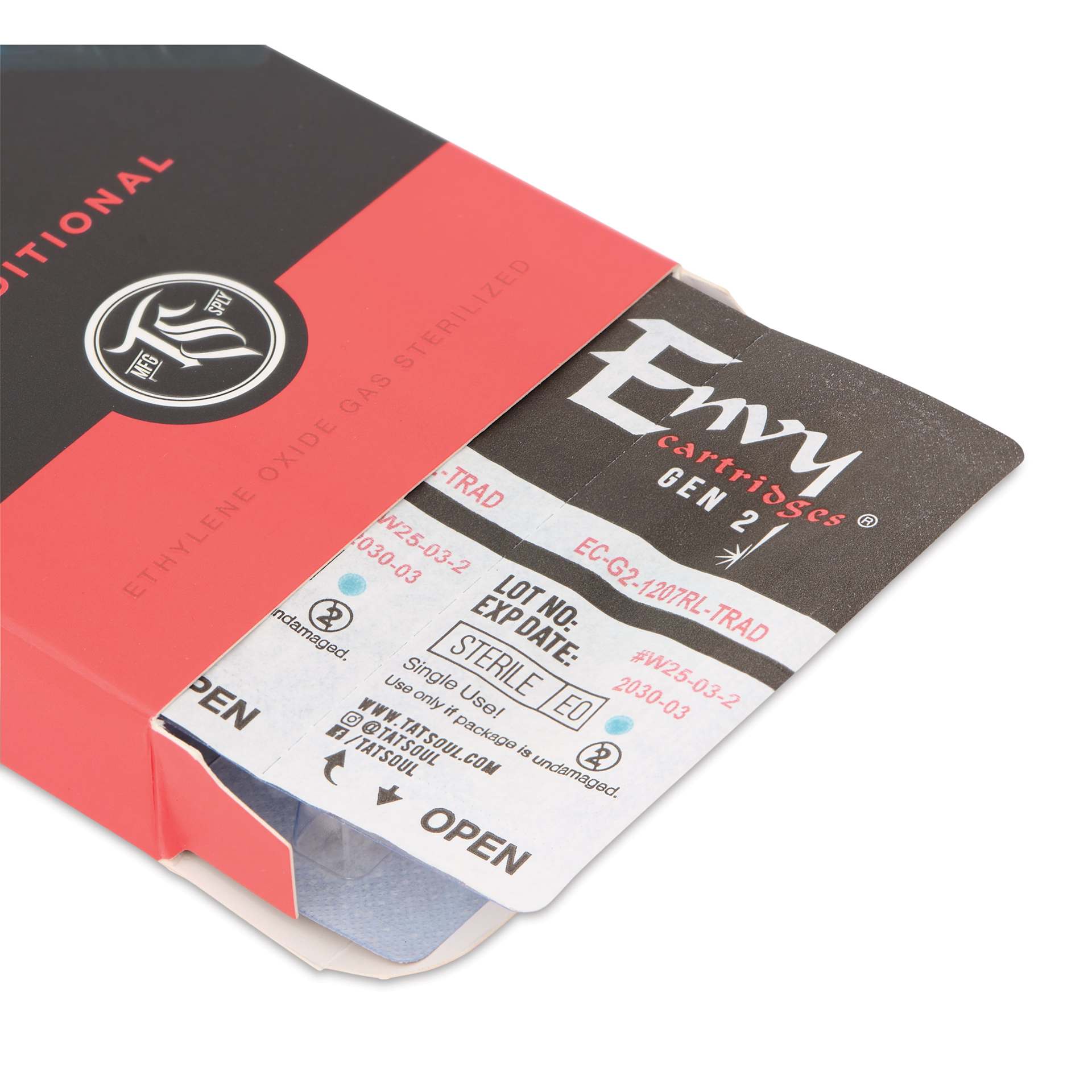 TatSoul Envy Gen 2 Traditional Round Liner Long Taper Tattoo Needle Cartridges - #12, 7 Needles, Pkg of 10, open packaging