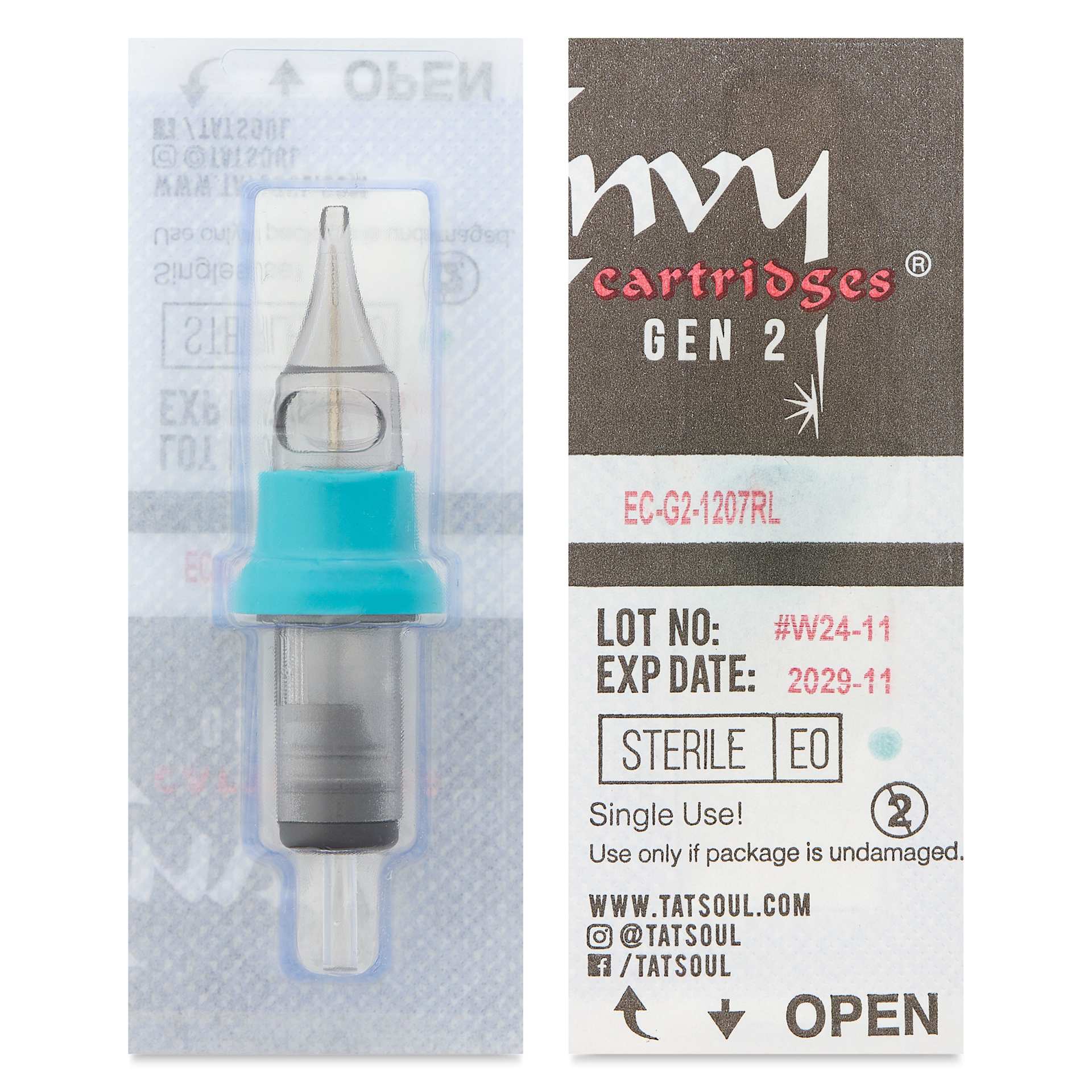 TatSoul Envy Gen 2 Standard Round Liner Long Taper Tattoo Needle Cartridge - #12, 7 Needles, Pkg of 10, front and back of individual packaging