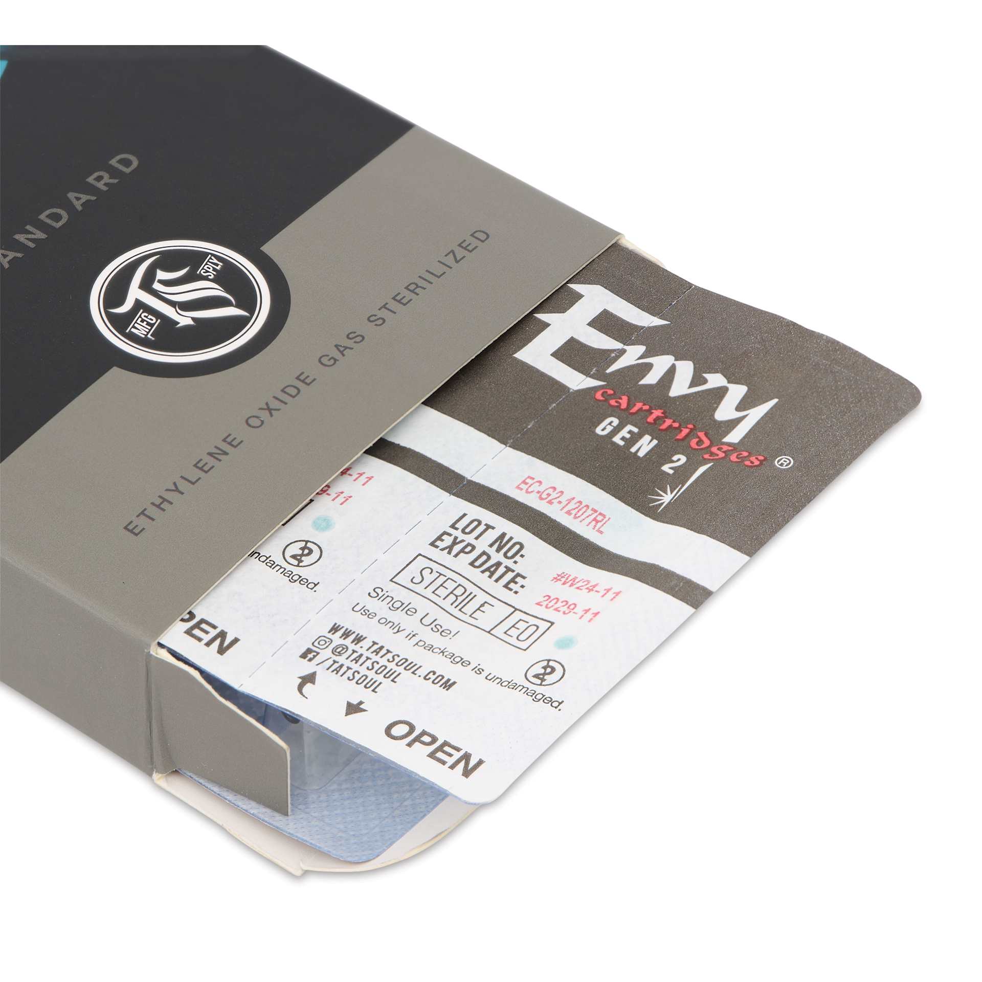 TatSoul Envy Gen 2 Standard Round Liner Long Taper Tattoo Needle Cartridge - #12, 7 Needles, Pkg of 10, open packaging
