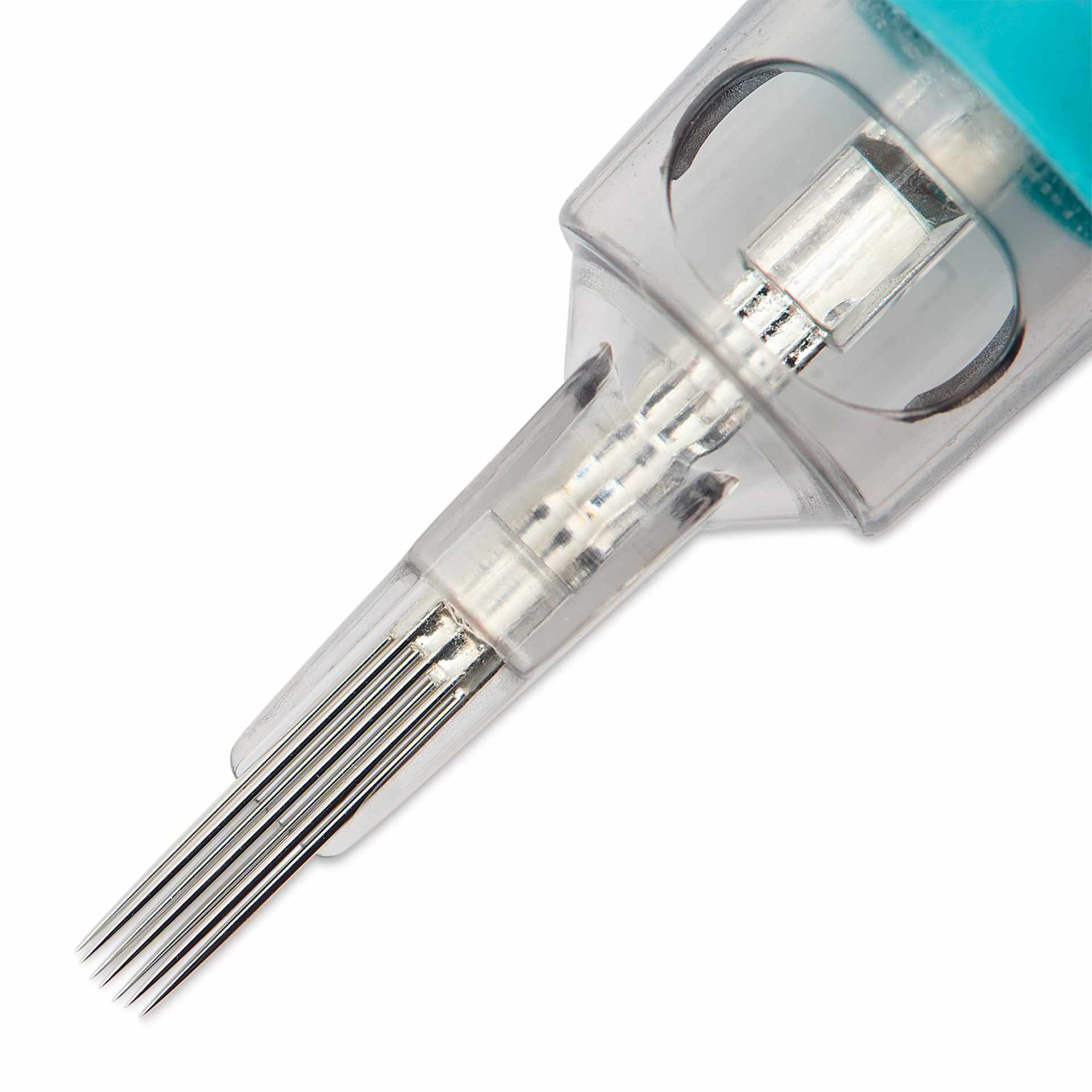 TatSoul Envy Gen 2 Standard Curved Magnum Long Taper Tattoo Needle Cartridge - #12, 7 Needles, Pkg of 10, close-up of needle