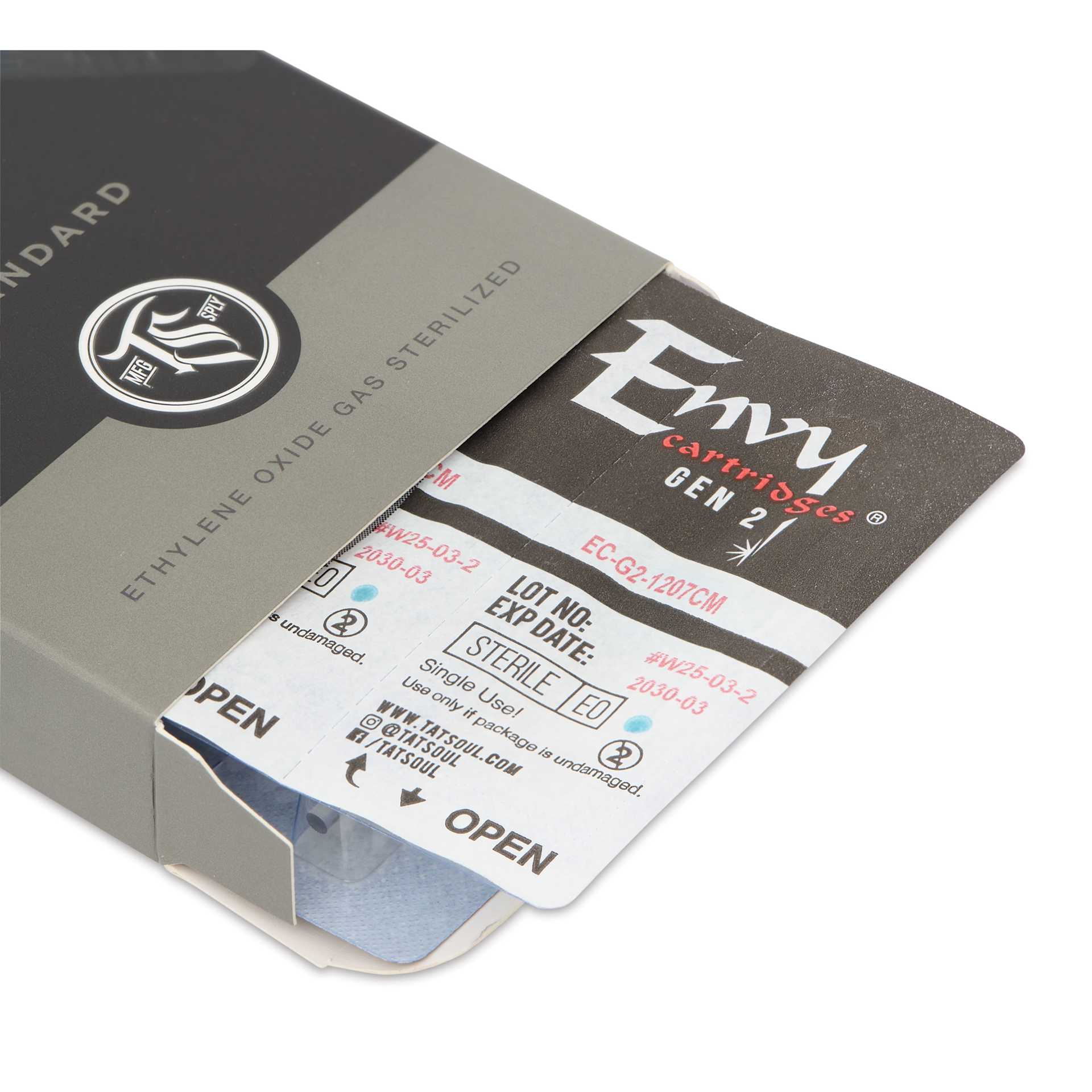 TatSoul Envy Gen 2 Standard Curved Magnum Long Taper Tattoo Needle Cartridge - #12, 7 Needles, Pkg of 10, open packaging