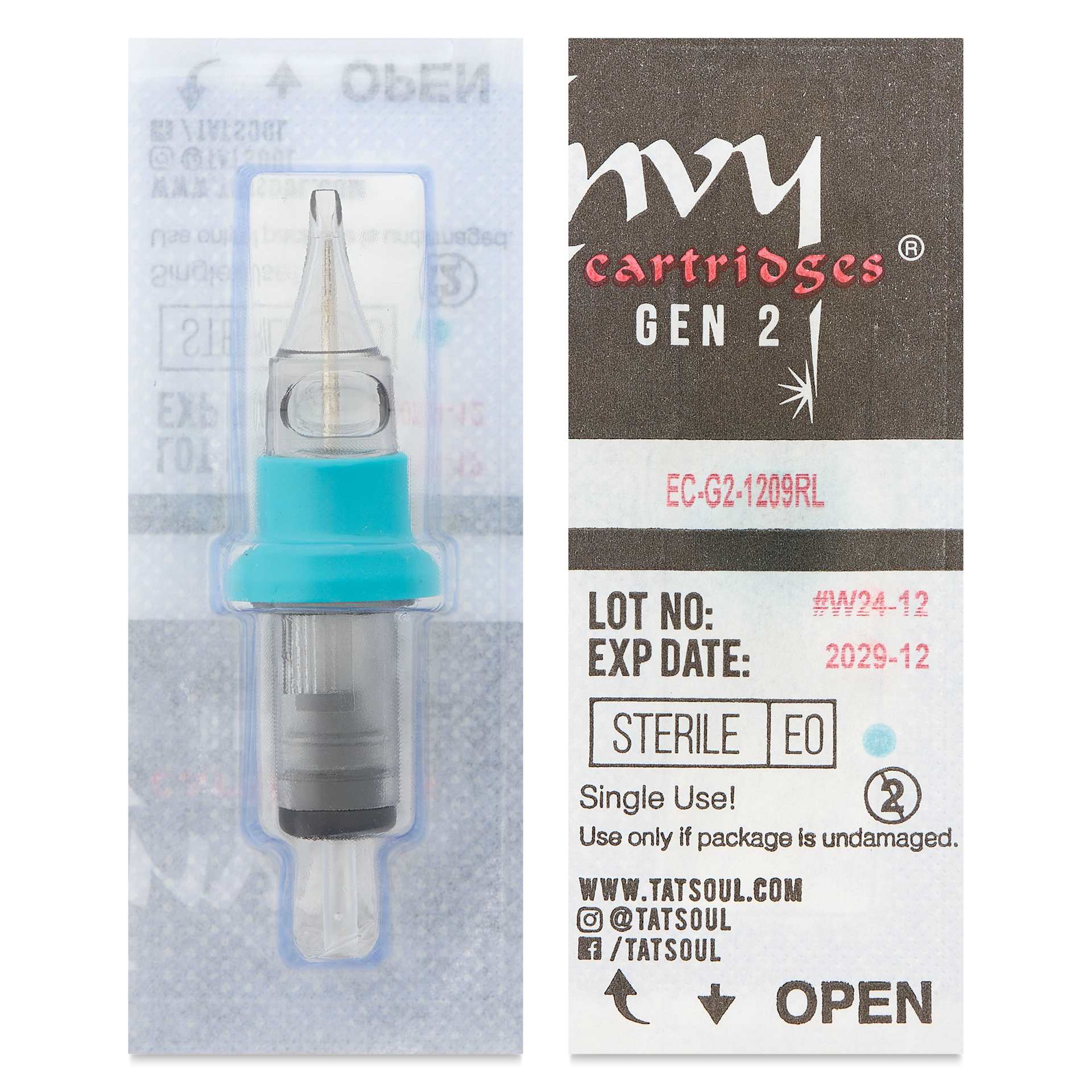 TatSoul Envy Gen 2 Standard Round Liner Long Taper Tattoo Needle Cartridge - #12, 9 Needles, Pkg of 10, front and back of individual packaging