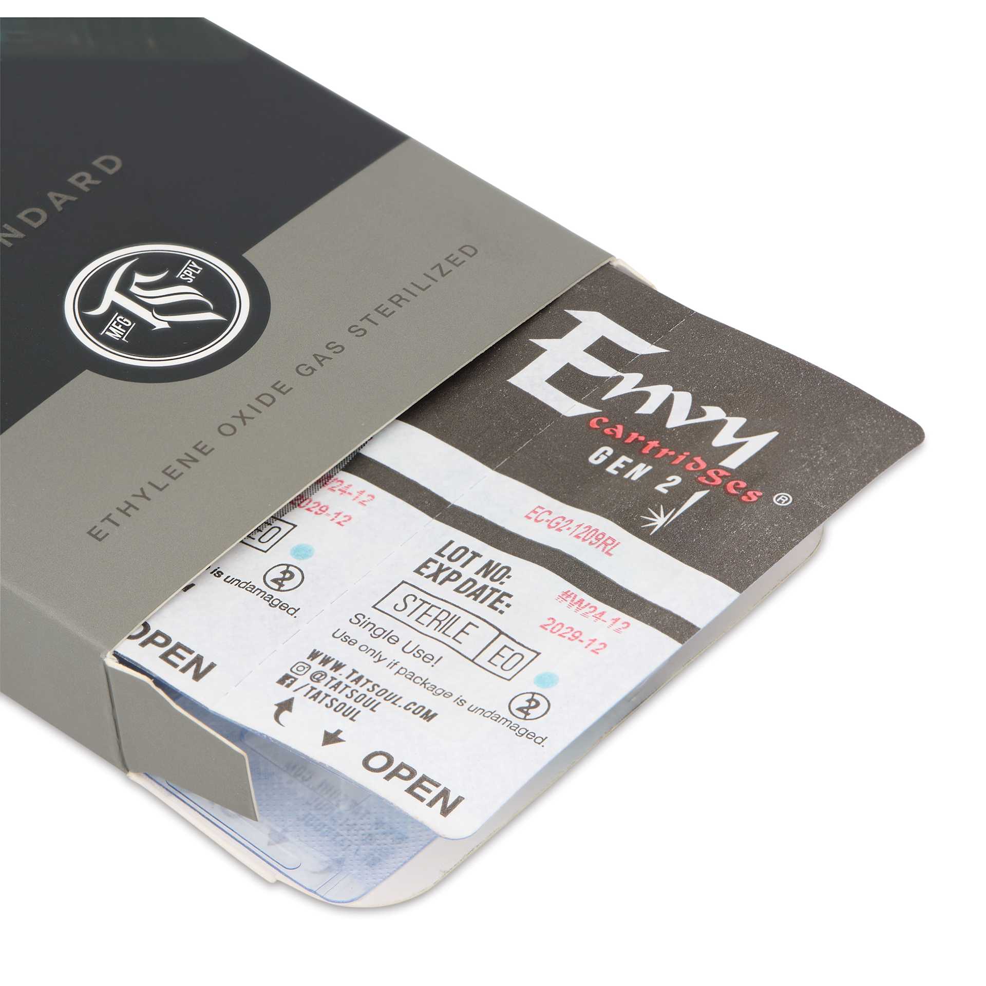 TatSoul Envy Gen 2 Standard Round Liner Long Taper Tattoo Needle Cartridge - #12, 9 Needles, Pkg of 10, open packaging
