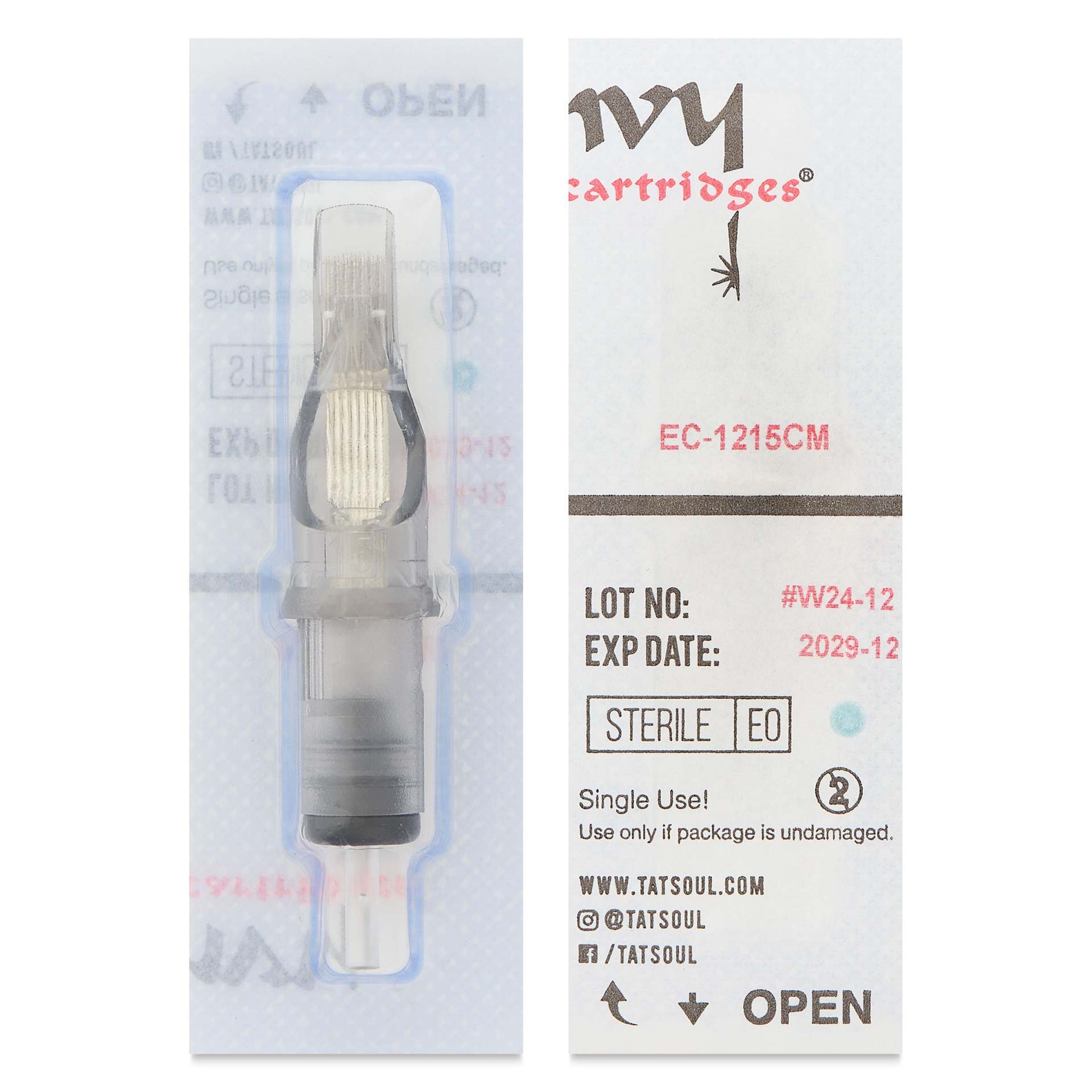 TatSoul Envy Standard Curved Magnum Long Taper Tattoo Needle Cartridge - #12, 15 Needles, Pkg of 10, front and back of individual packaging