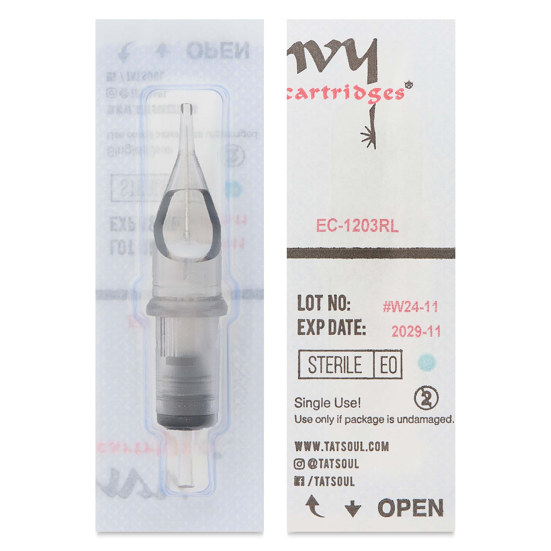 TatSoul Envy Standard Round Liner Long Taper Tattoo Needle Cartridge - #12, 3 Needles, Pkg of 10, front and back of individual packaging