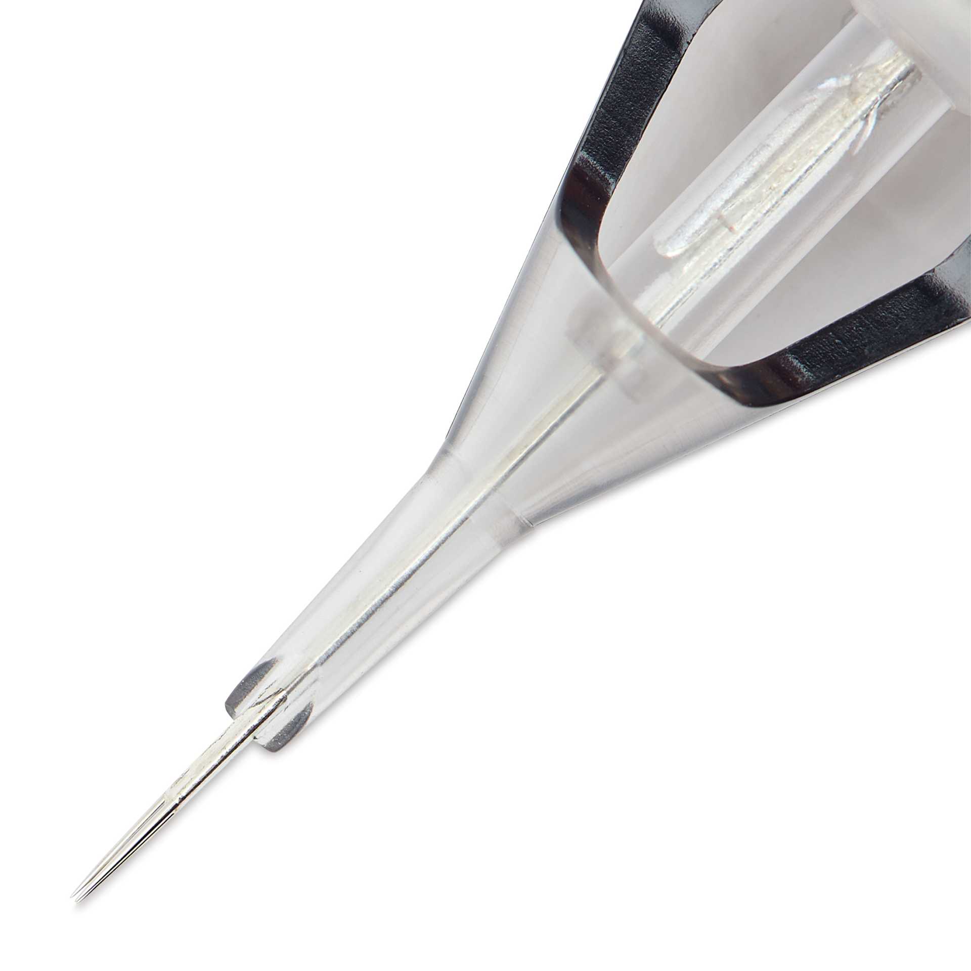 TatSoul Envy Standard Round Liner Extra Tight Long Taper Tattoo Needle Cartridge - #12, 3 Needles, Pkg of 10, close-up of needle