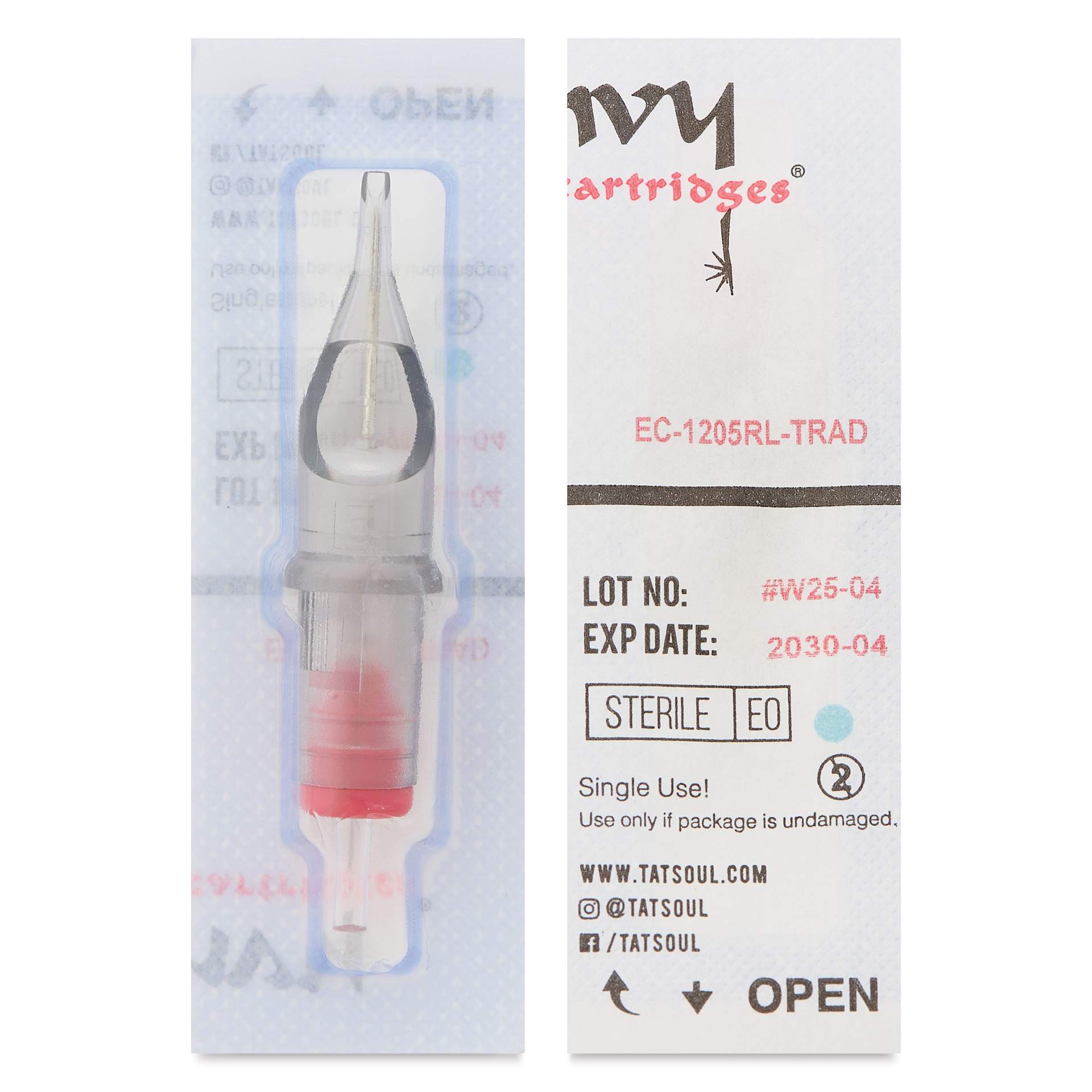 TatSoul Envy Traditional Round Liner Long Taper Tattoo Needle Cartridge - #12, 5 Needles, Pkg of 10, front and back of individual packaging