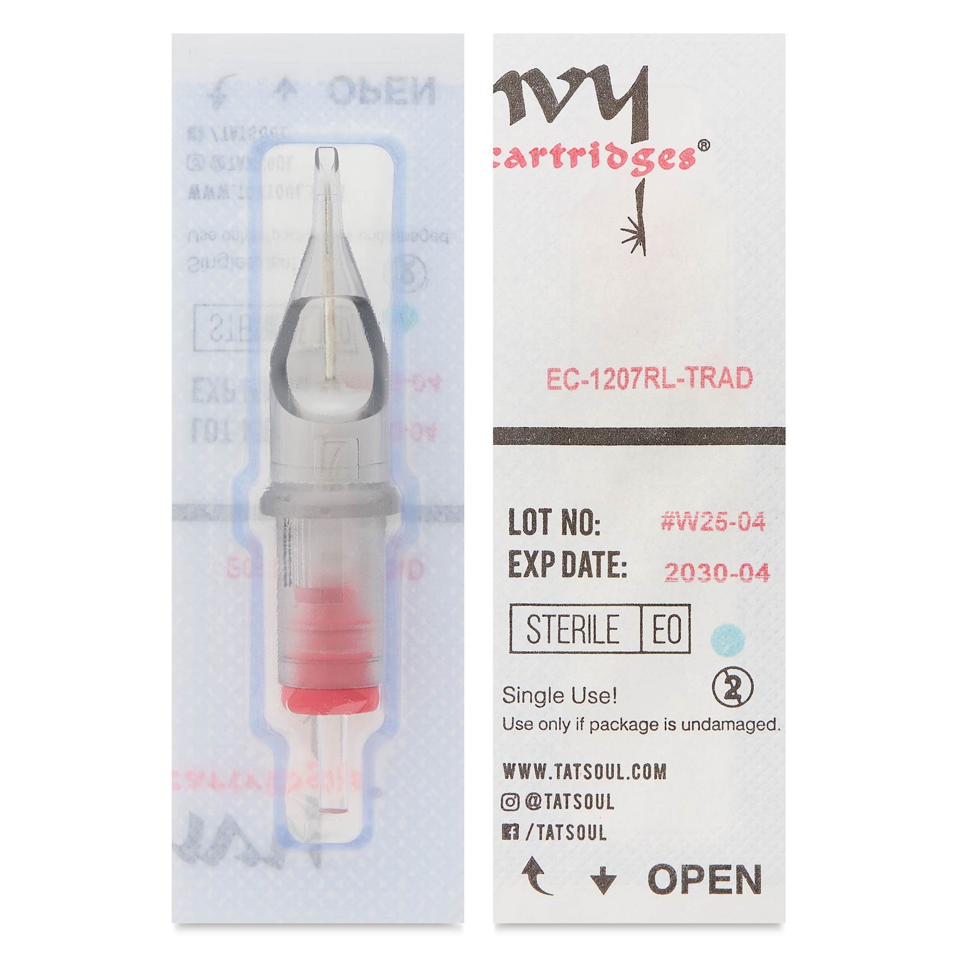 TatSoul Envy Traditional Round Liner Long Taper Tattoo Needle Cartridge - #12, 7 Needles, Pkg of 10, front and back of individual packaging