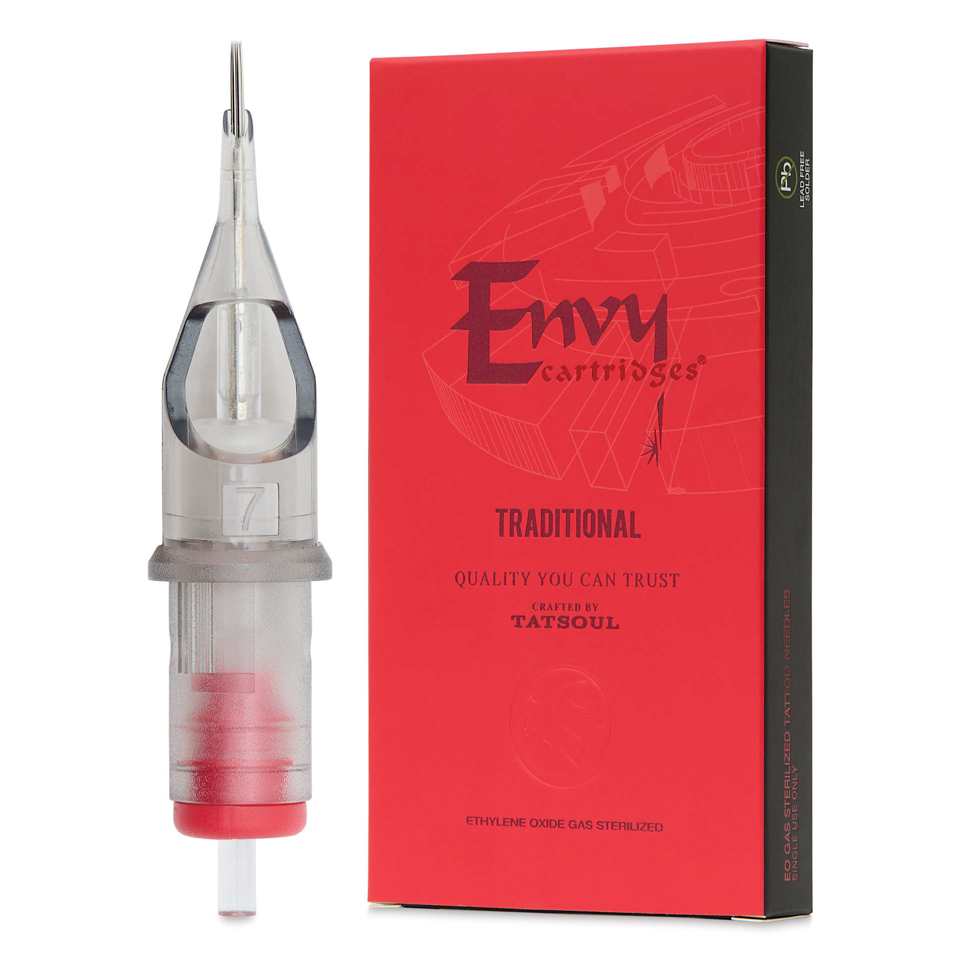 TatSoul Envy Traditional Round Liner Long Taper Tattoo Needle Cartridge - #12, 7 Needles, Pkg of 10, needle and packaging